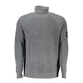 Pull pour homme Calvin Klein en laine grise, détail du col et de la texture du tissu visible.