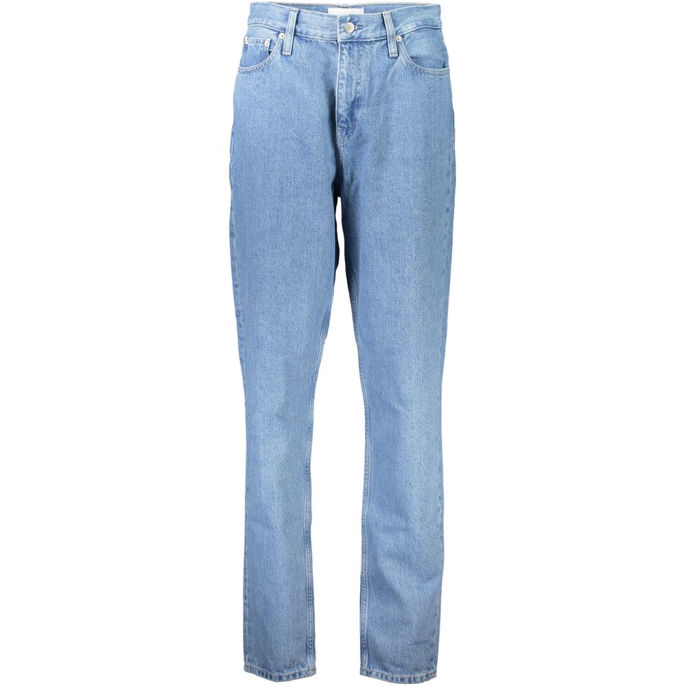 Jeans pour femmes Calvin Klein Azzurro en coton, coupe classique et taille ajustée, visibles en détail dans l'image.