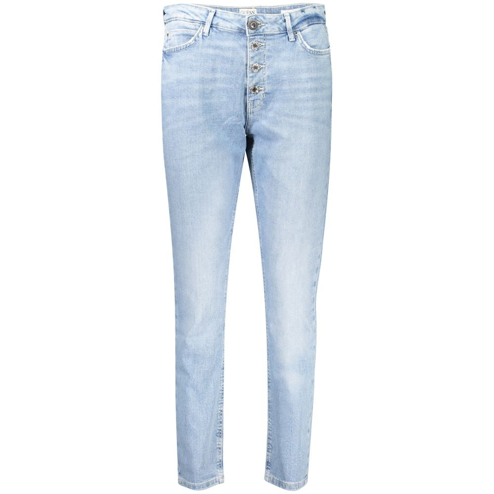 Jeans pour femmes Guess en coton bleu azur, coupe classique, visibles détails de couture et fermeture éclair.