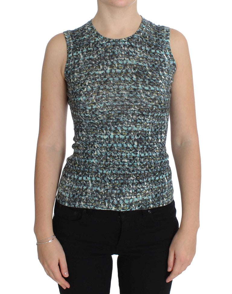 Pull en laine bleue sans manches de Dolce & Gabbana, pull-over élégant avec col rond et finition soignée visible sur l'image.