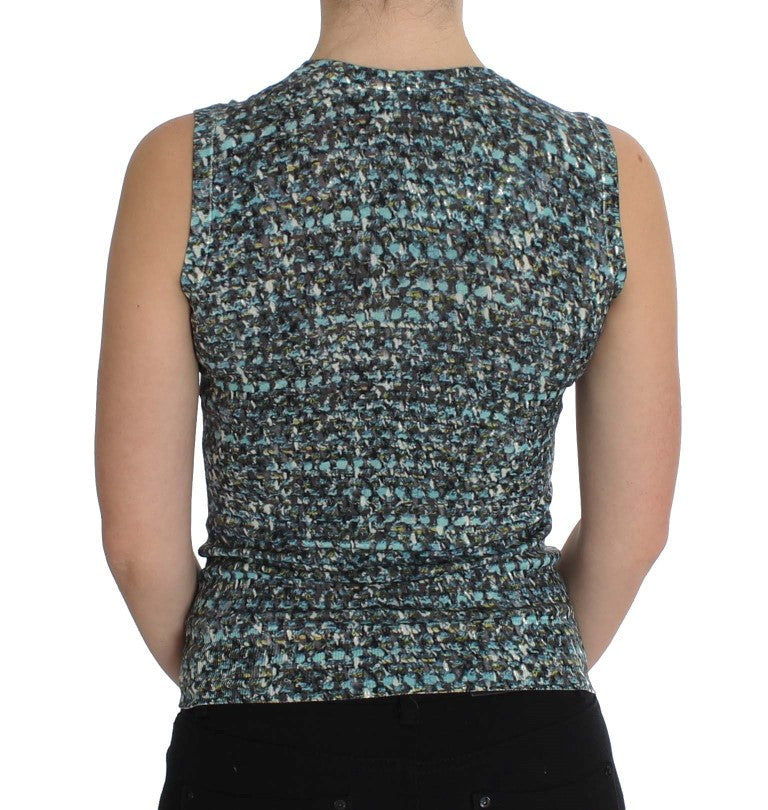 Pull sans manches en laine bleue de Dolce & Gabbana, style élégant et confortable, visible de face avec col rond.