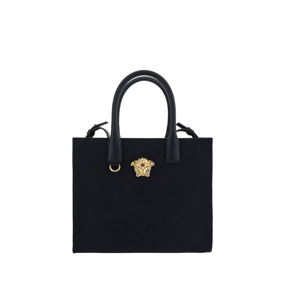 Sac à épaules en coton noir de Versace, avec logo emblématique, design élégant et finition de haute qualité.