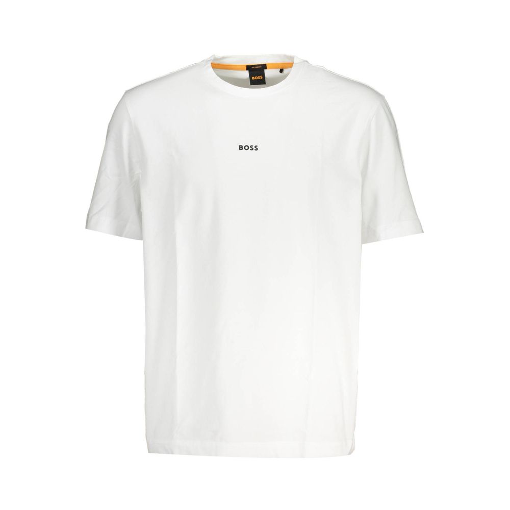 T-shirt blanc en coton biologique pour hommes de la marque Hugo Boss, coupe classique et logo discret.