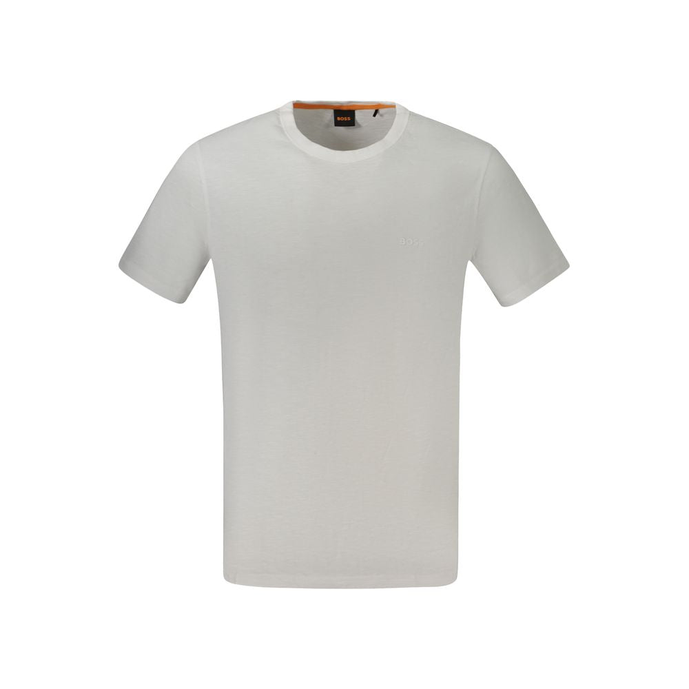 T-shirt blanc pour hommes de la marque Hugo Boss en coton, vue de face avec col rond et logo discret.