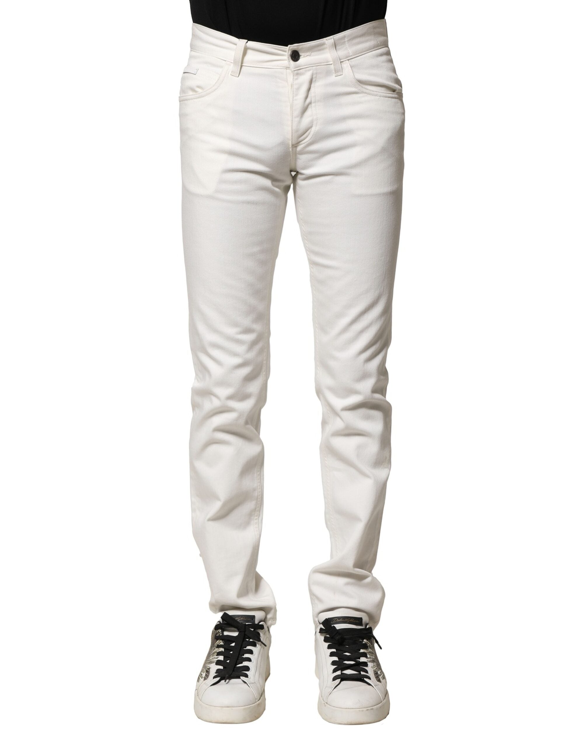 Pantalon en jean blanc skinny pour homme de Dolce & Gabbana en coton, aspect denim, visible devant avec coutures et fermeture éclair