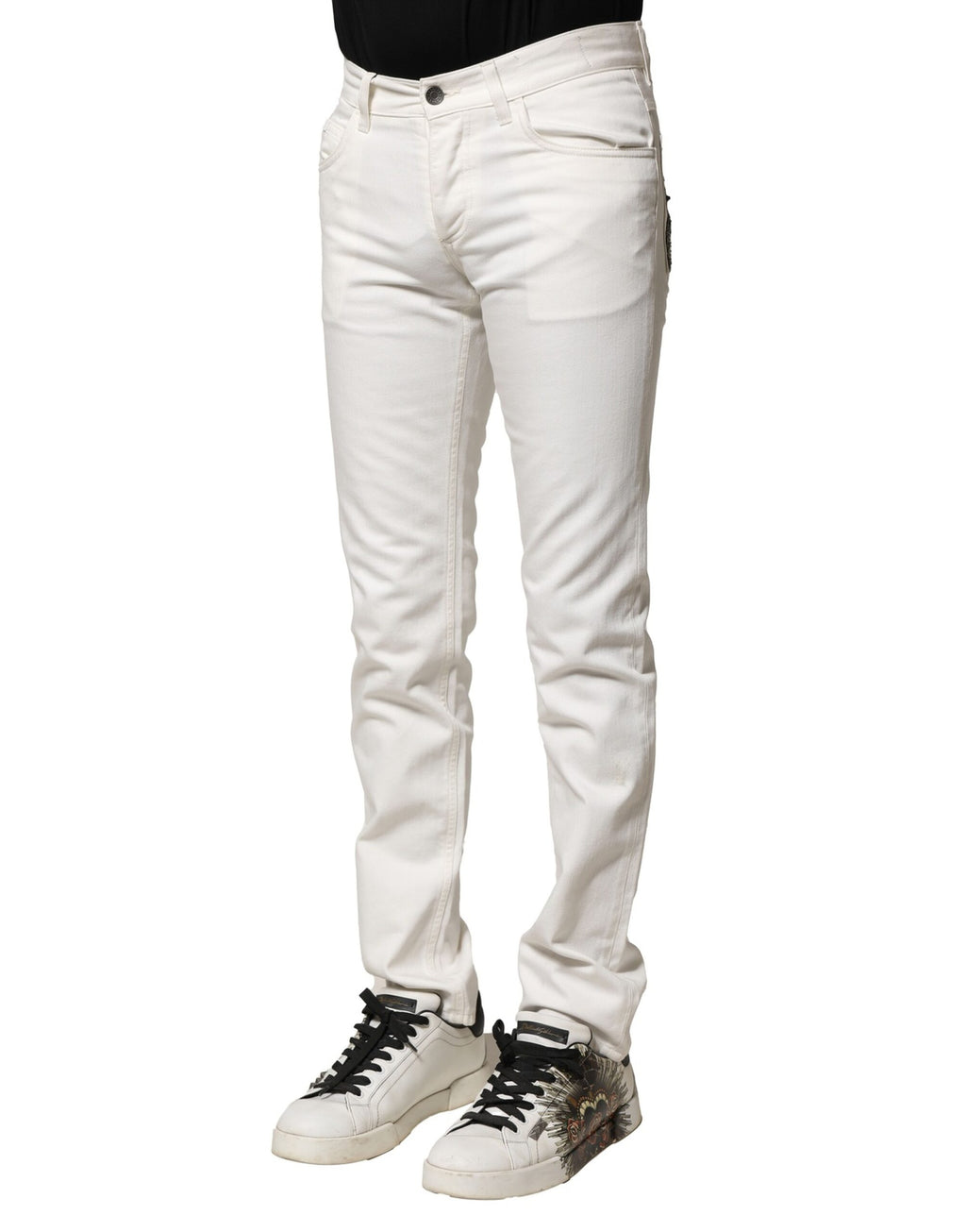 Jeans slim en coton blanc Dolce & Gabbana pour homme, coupe skinny, visible sur fond neutre.