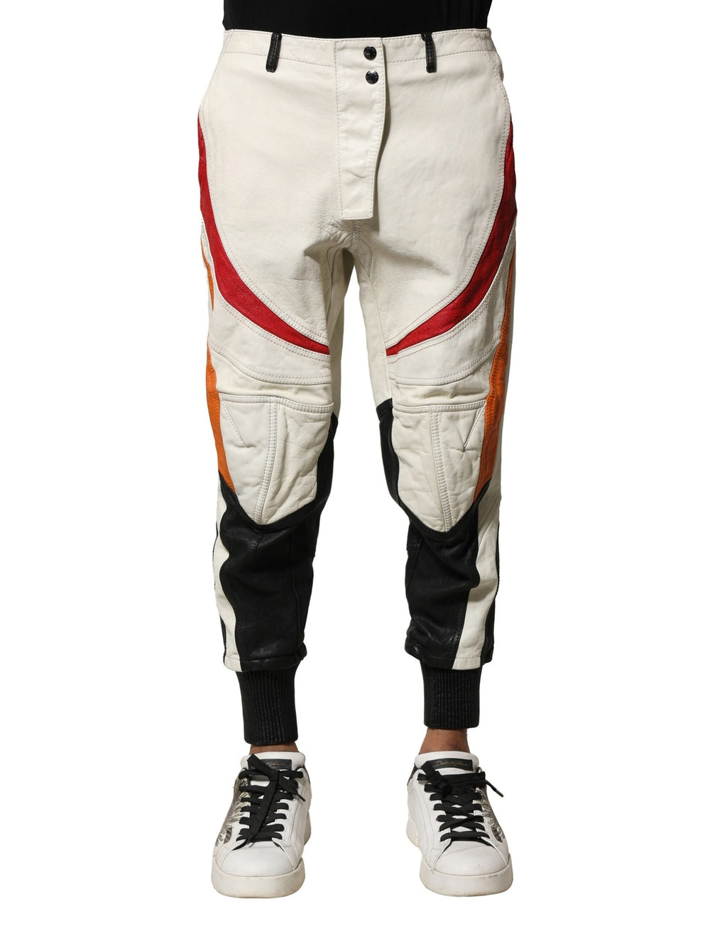 Pantalons pour homme en cuir d'agneau multicolore de Dolce & Gabbana, coupe tapered, mode élégante et moderne.