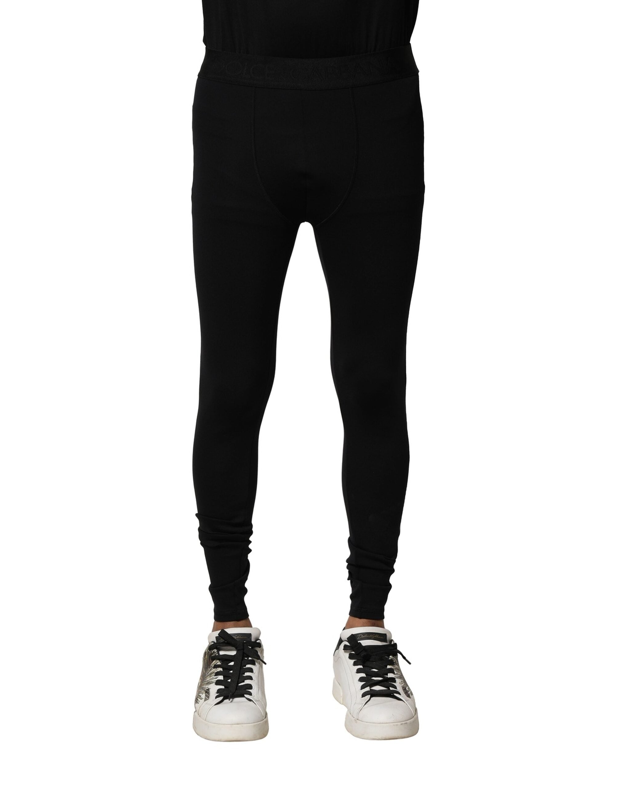 Leggings pour hommes Dolce & Gabbana en nylon noir avec logo élastique et extérieur, ajustés et confortables.