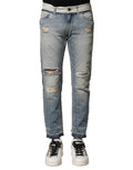 Jeans homme Dolce & Gabbana Light Blue déchirés, coupe droite, denim bleu avec détails usés et style décontracté.