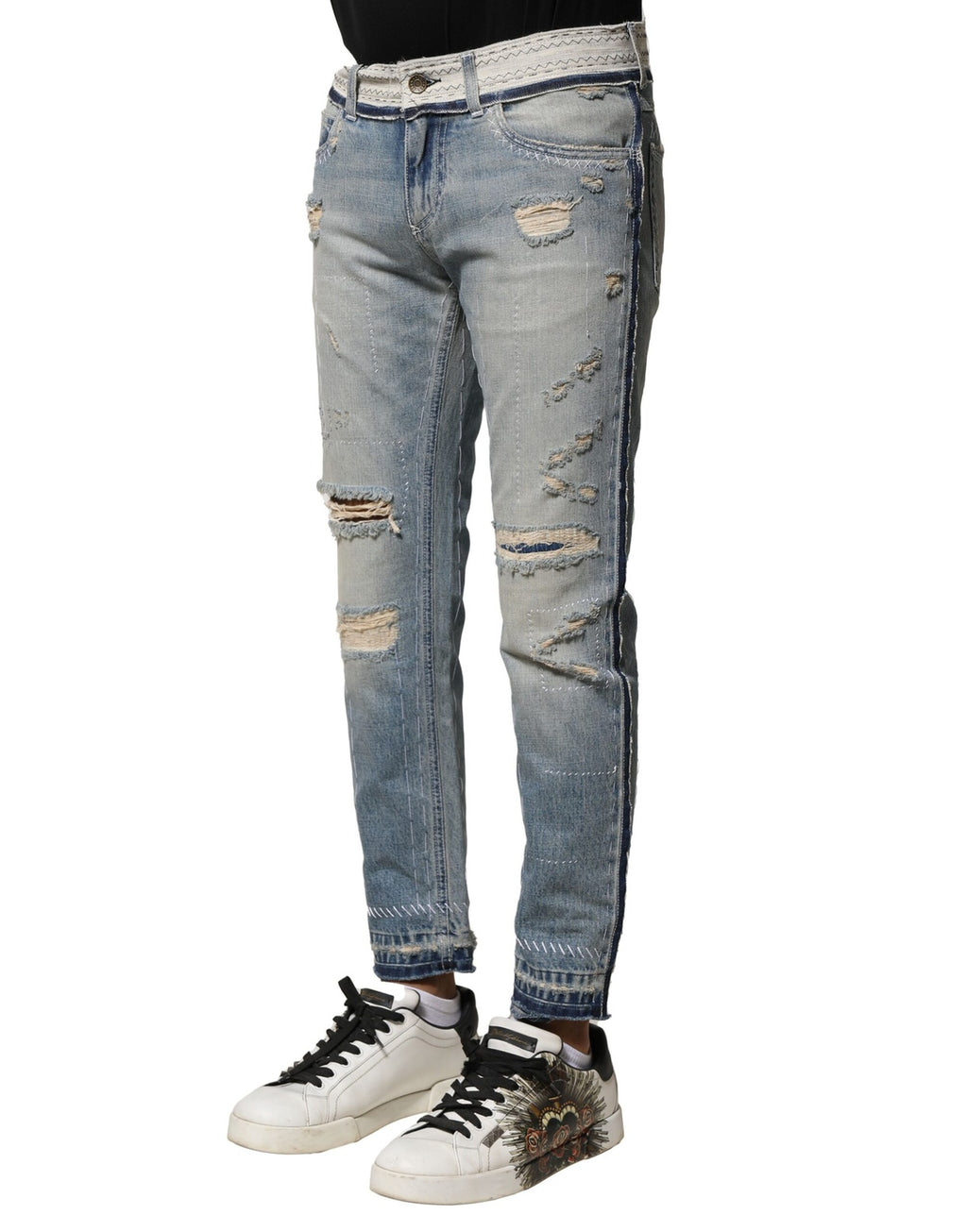 Jeans homme Dolce & Gabbana Light Blue Tattered Straight en denim bleu avec déchirures et coupe droite.