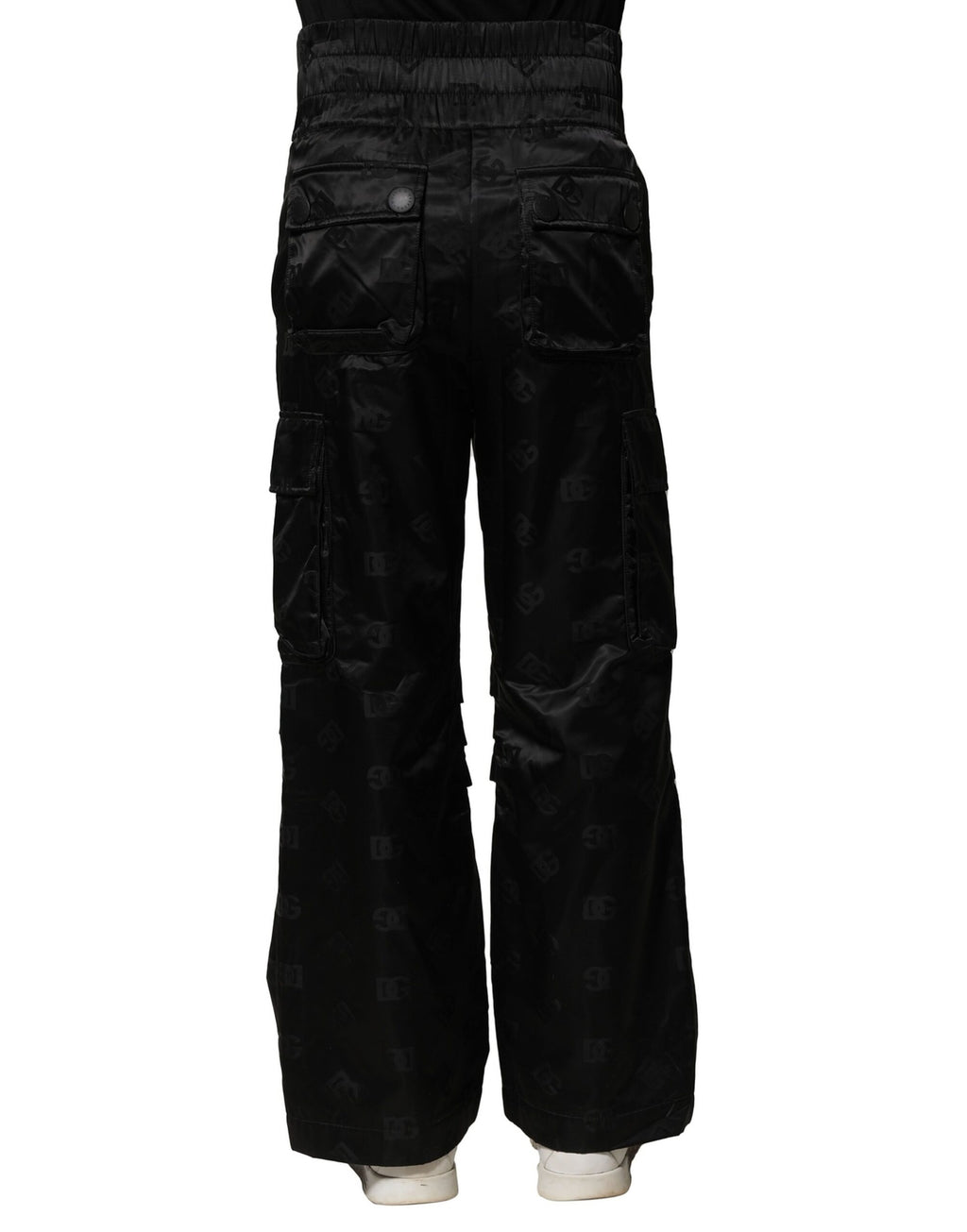 Pantalon droit en nylon noir Dolce & Gabbana avec logo DG visible, mode élégante et confortable.