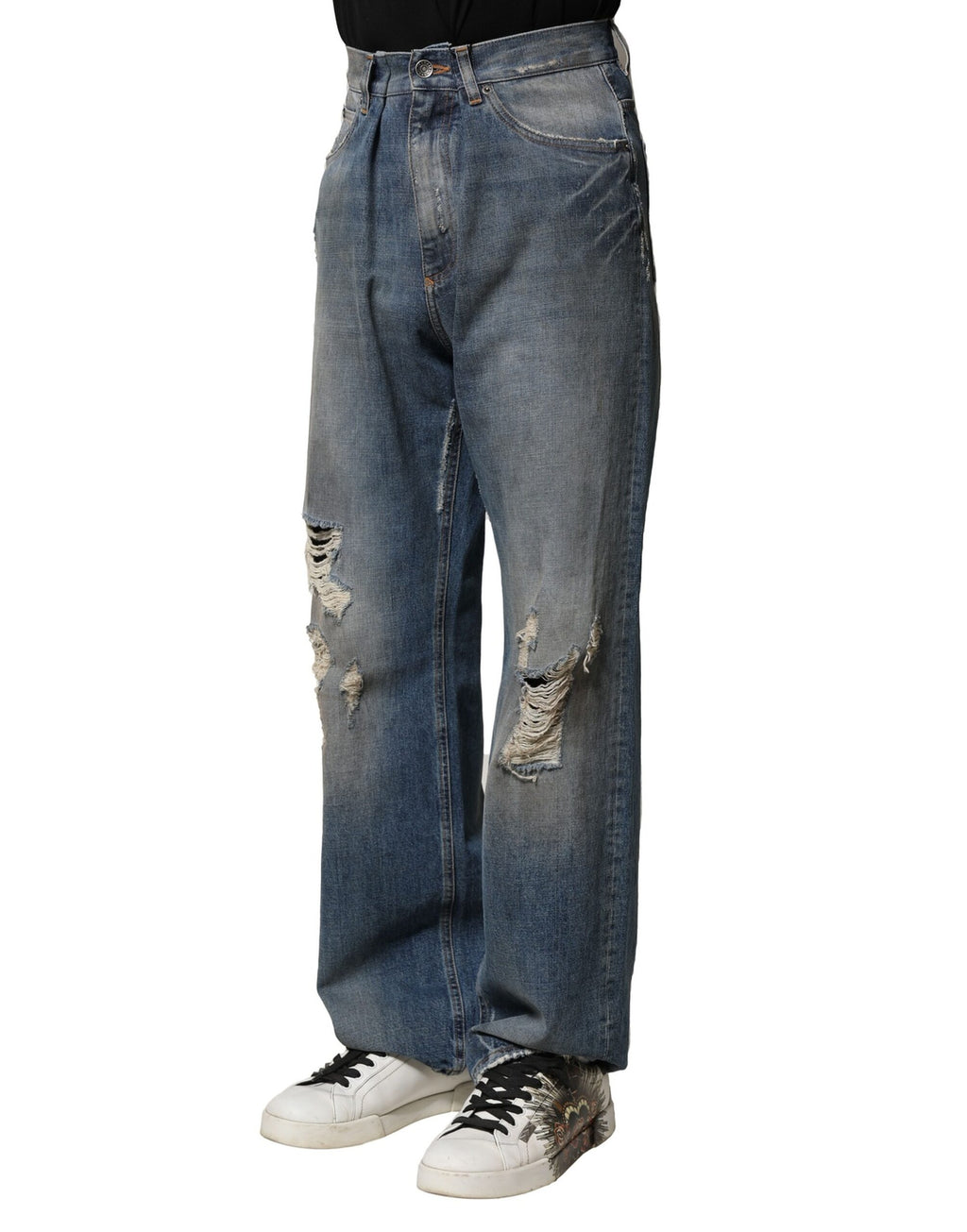 Jeans en denim bleu pour homme Dolce & Gabbana, coton tissé avec déchirures, style décontracté et tendance.