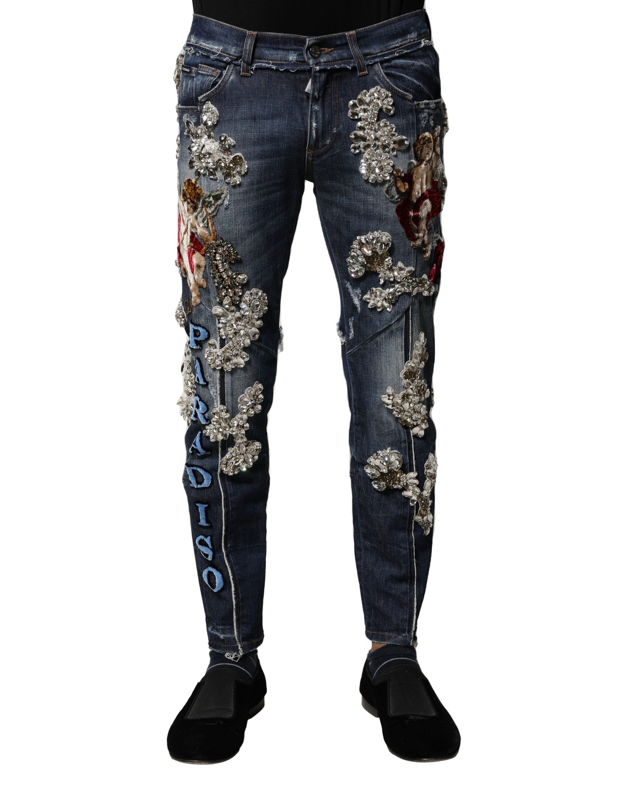 Jeans en denim bleu Dolce & Gabbana avec rhinestones et embellissements en coton, vue de face.