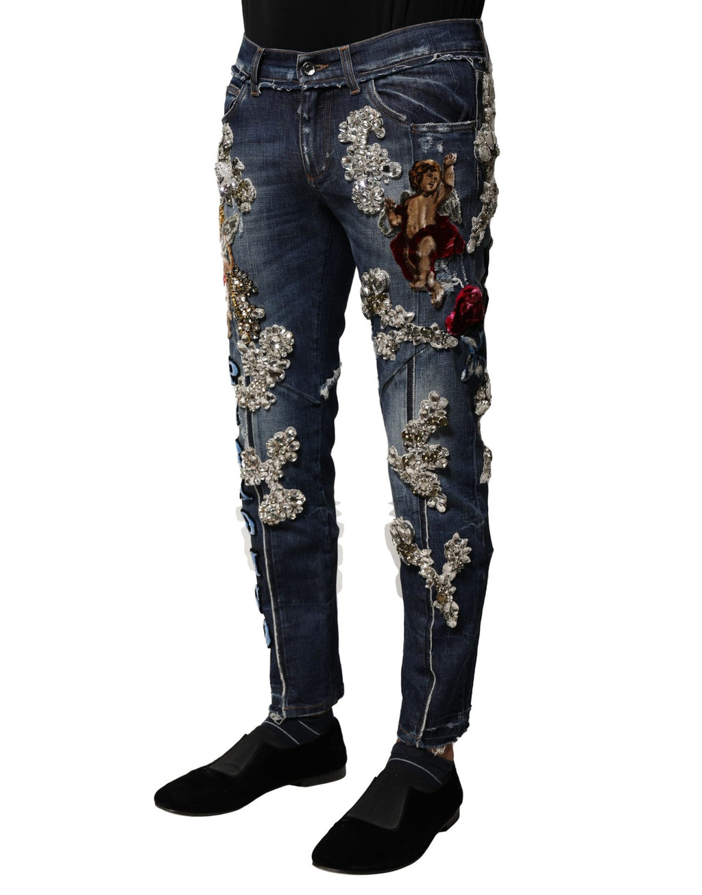 Jeans en coton bleu Dolce & Gabbana avec embellissements en strass et détails en denim.