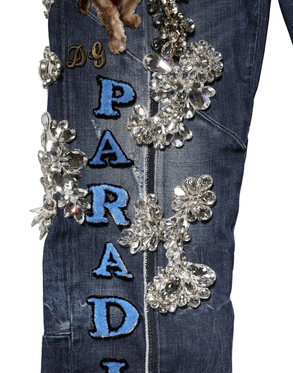 Jeans en denim bleus Dolce & Gabbana avec embellissements en rhinestones en coton, style élégant et tendance.