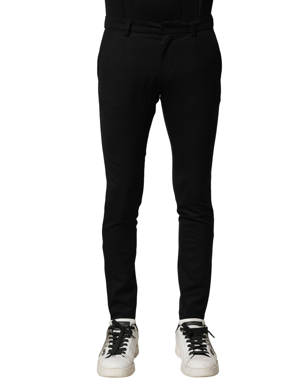 Pantalon homme skinny en laine noire de marque Dolce & Gabbana, taille mi-haute, coupe ajustée et élégante.