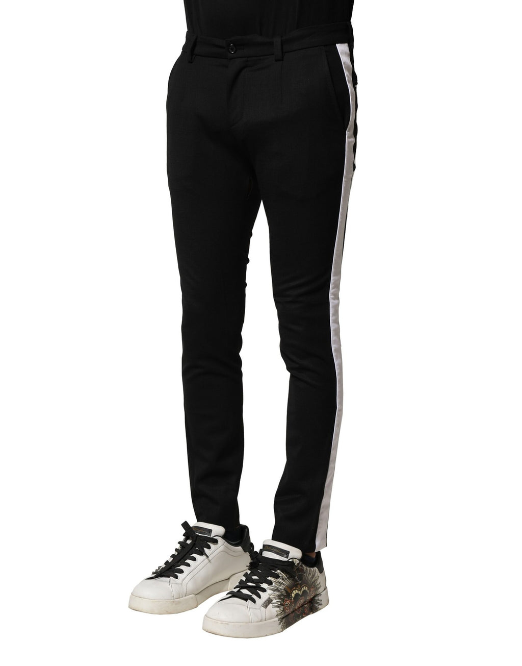 Pantalon skinny en laine noire pour homme de Dolce & Gabbana, taille mi-haute, coupe ajustée et élégante.