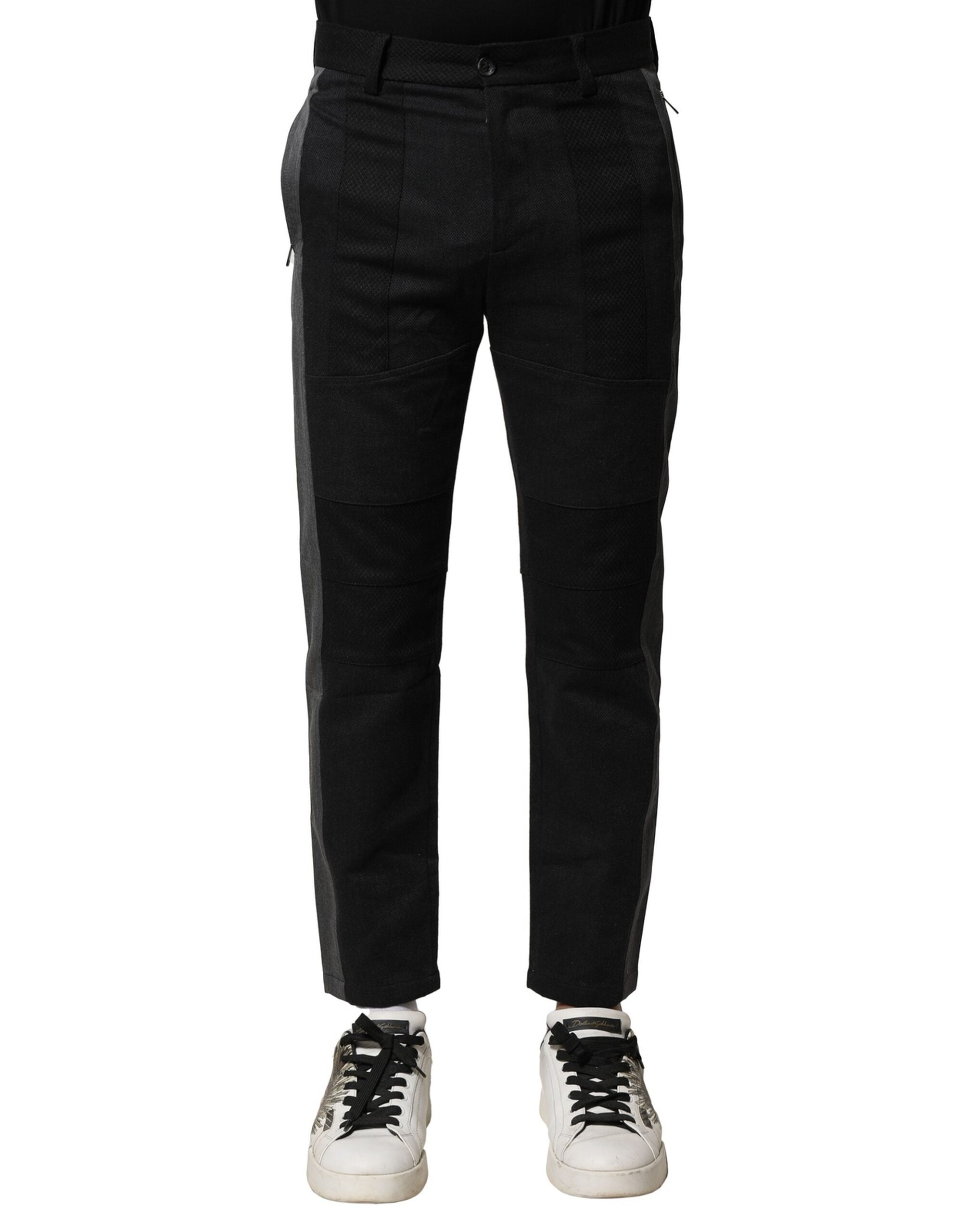 Pantalon homme Dolce & Gabbana en coton noir et gris, coupe tapered, style élégant et moderne.