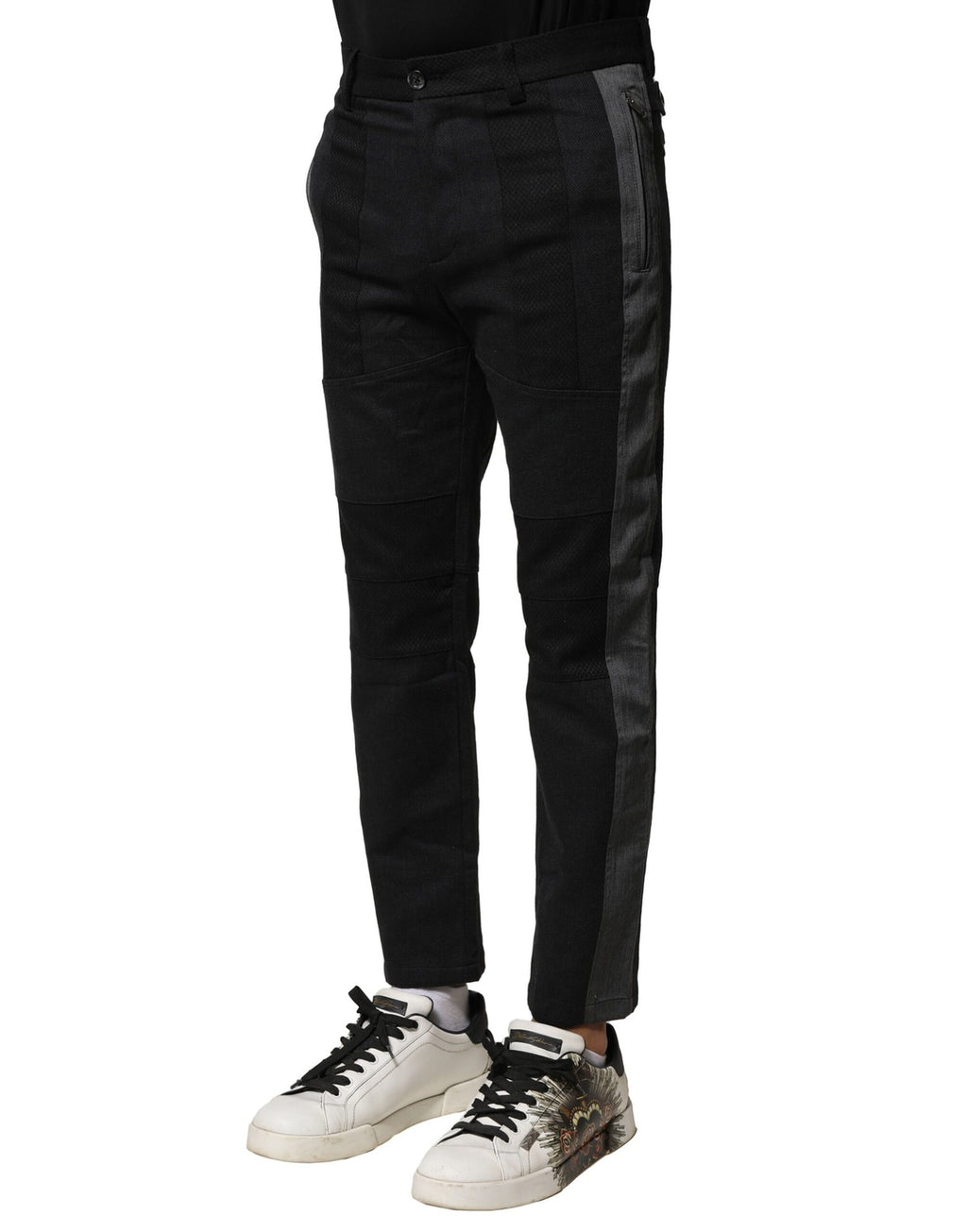 Pantalons homme en coton noir et gris de coupe tapered de Dolce & Gabbana, style élégant et moderne.