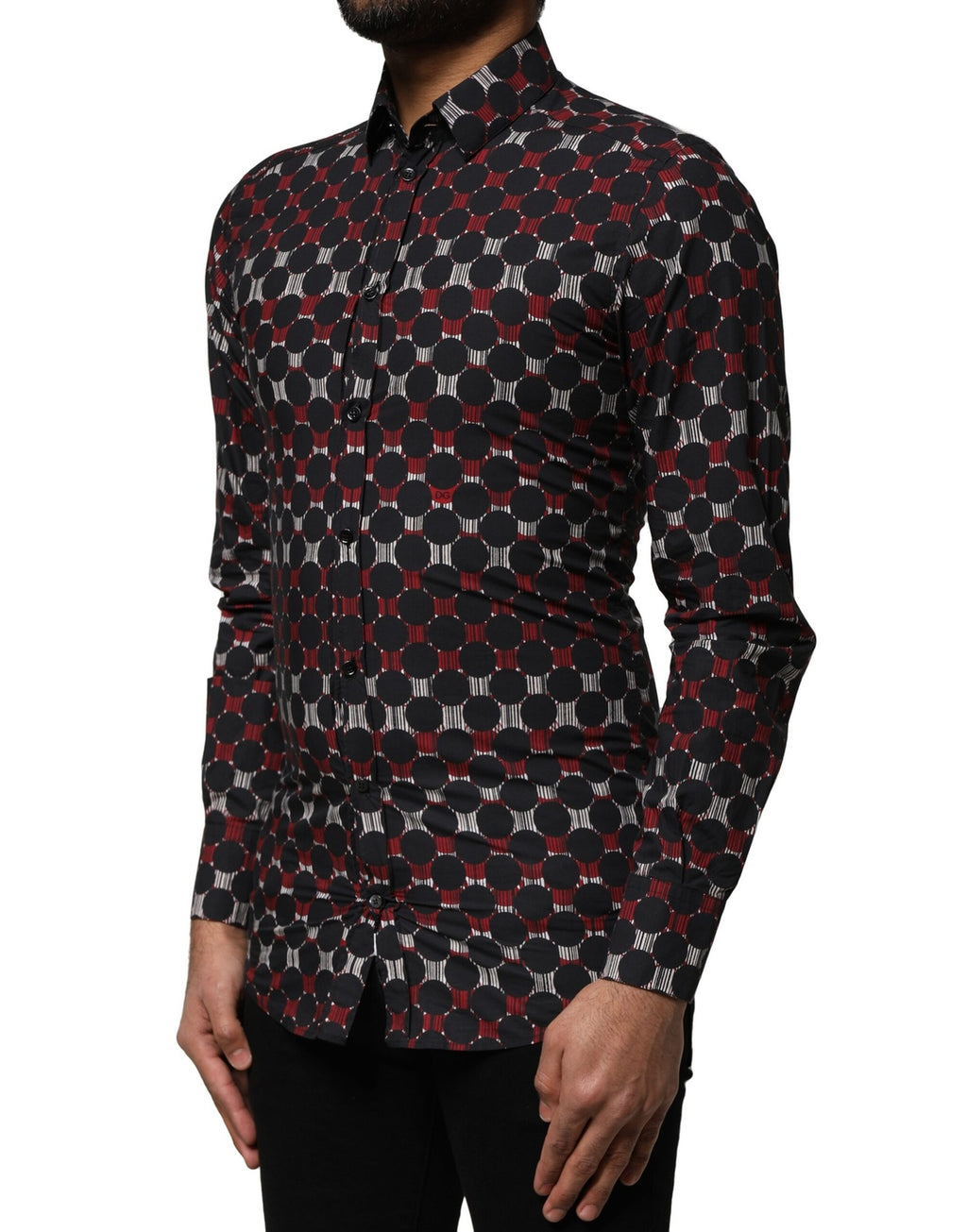 Chemise en coton multicolore Dolce & Gabbana à manches longues avec détails dorés, élégante et sophistiquée.