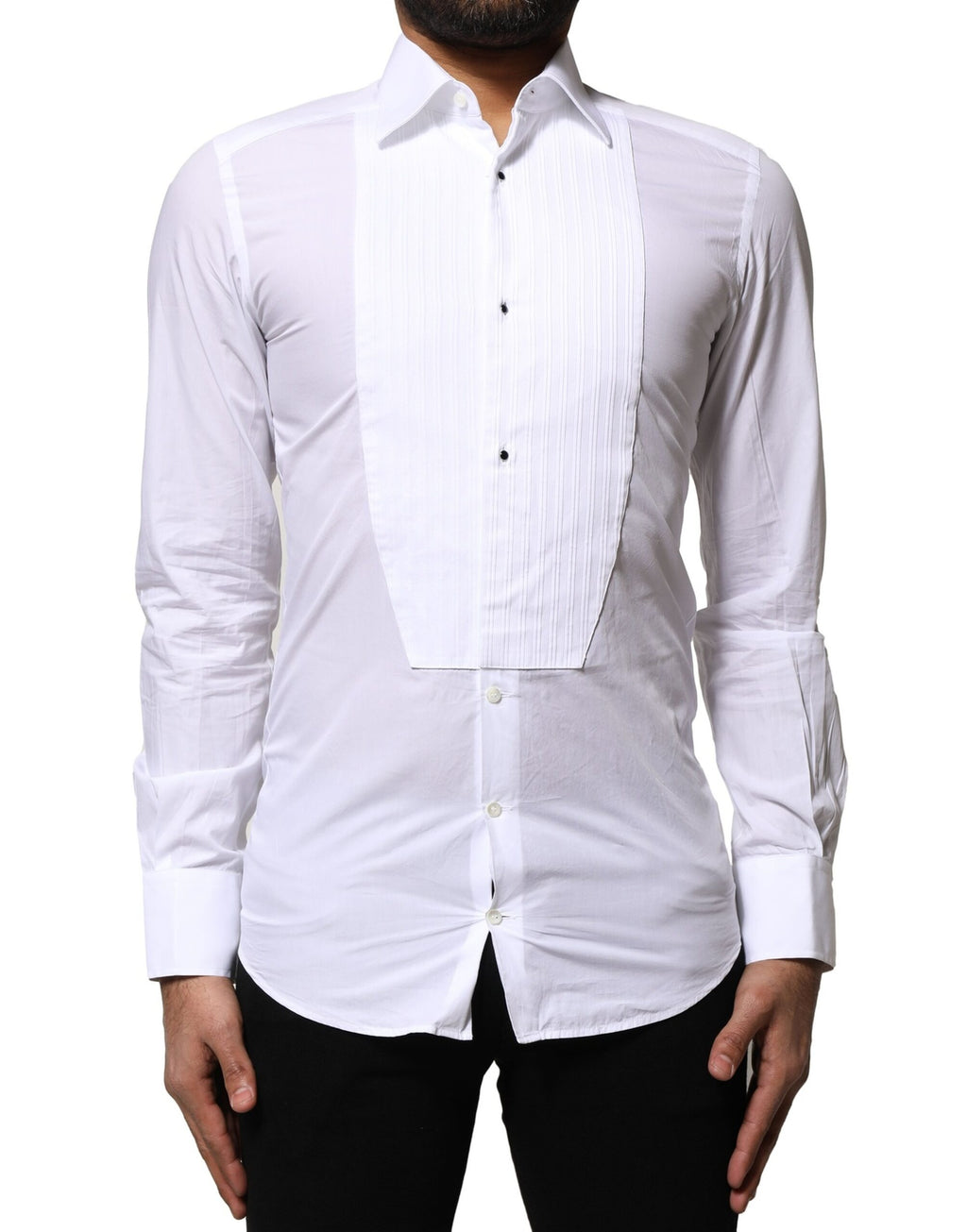 Chemise formelle en coton popeline blanche Dolce & Gabbana avec détails dorés, manches longues et col classique.