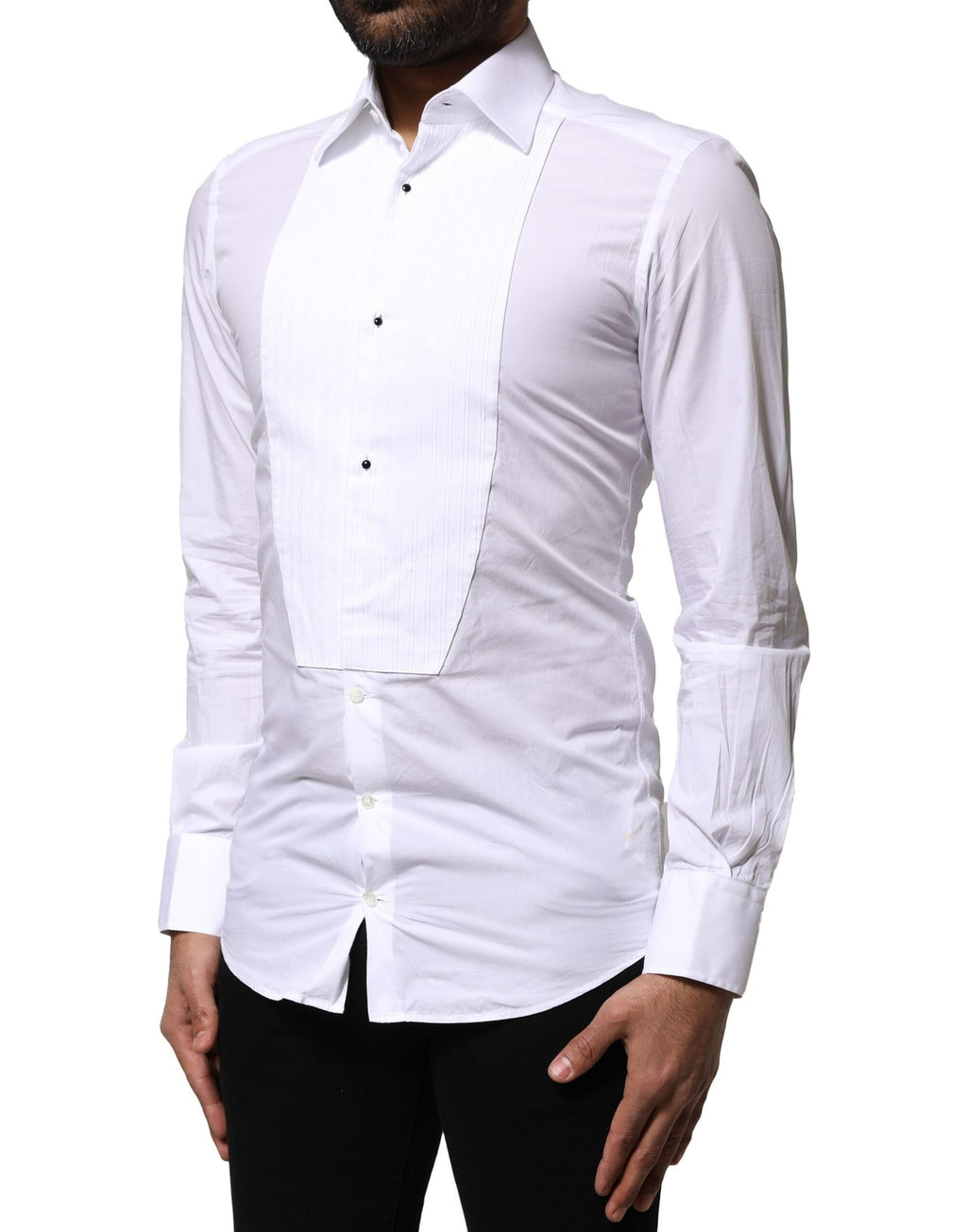 Chemise formelle blanche Dolce & Gabbana en coton popeline avec détails dorés, vue de face.