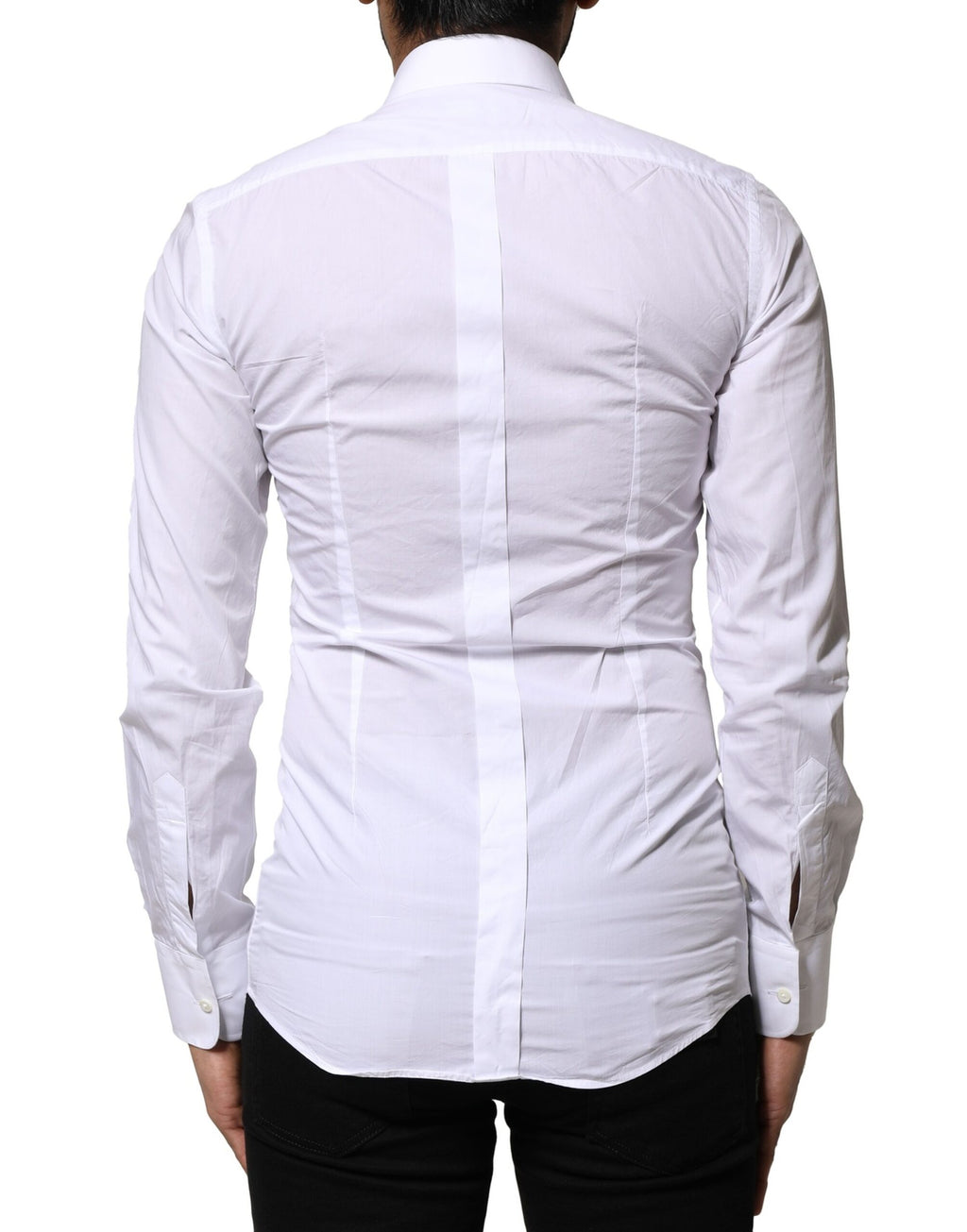 Chemise formelle blanche Dolce & Gabbana en coton popeline avec détails dorés, vue de face sur un fond neutre.