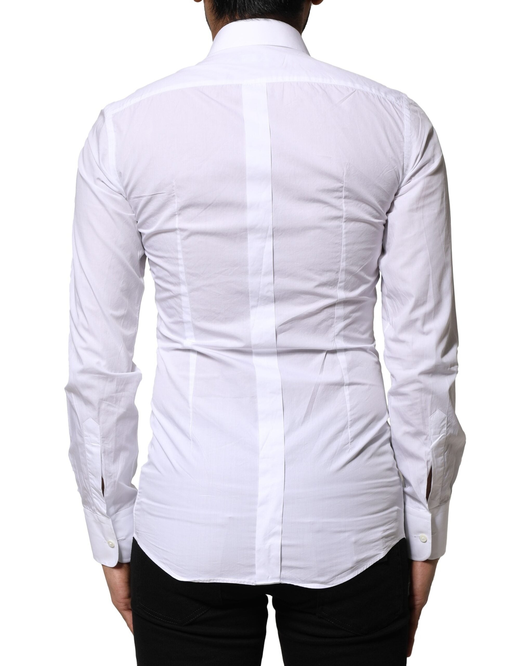 Chemise formelle blanche Dolce & Gabbana en coton popeline avec détails dorés, vue de face sur un fond neutre.