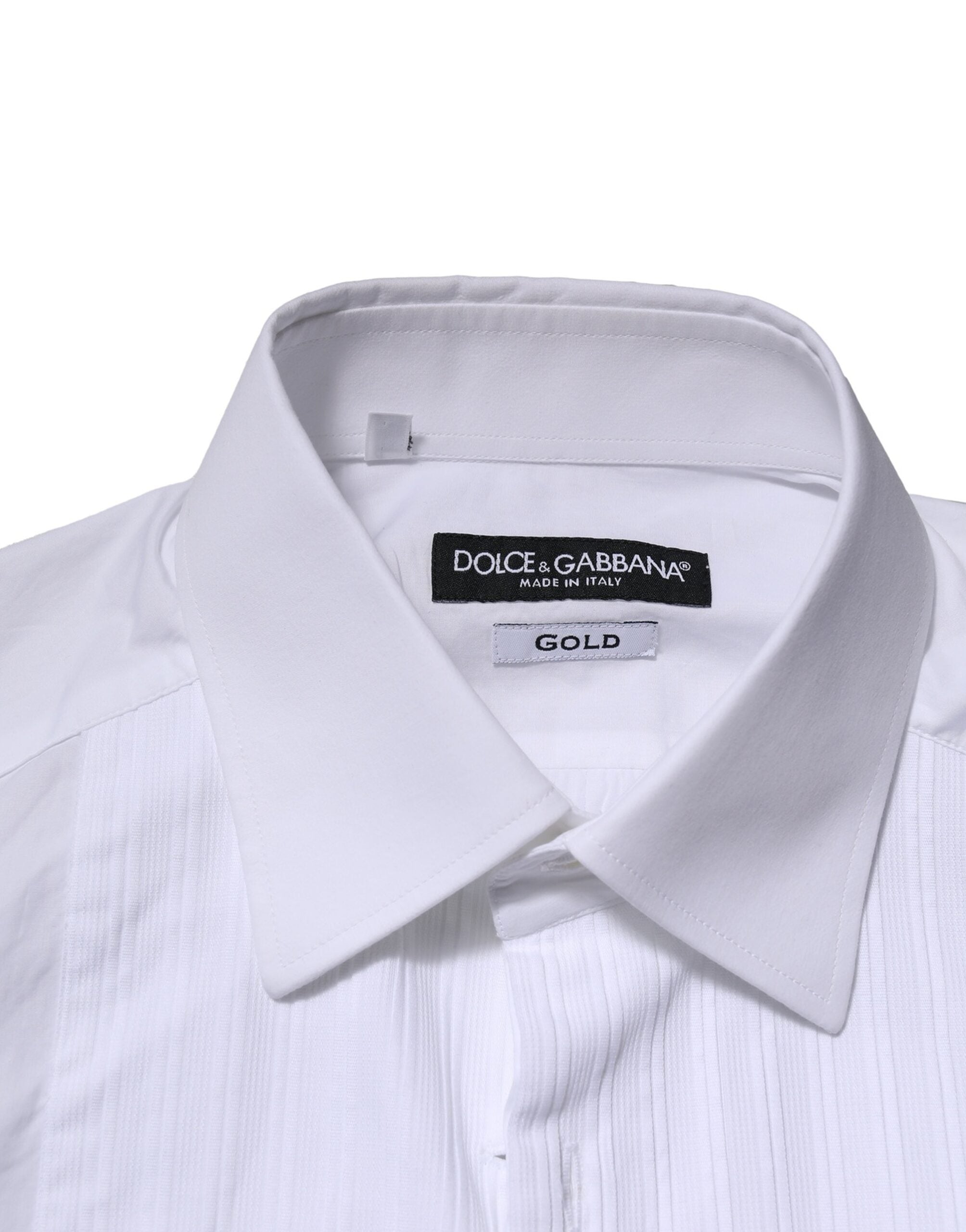 Chemise formelle Dolce & Gabbana en coton popeline blanc avec détails dorés, élégante et sophistiquée.