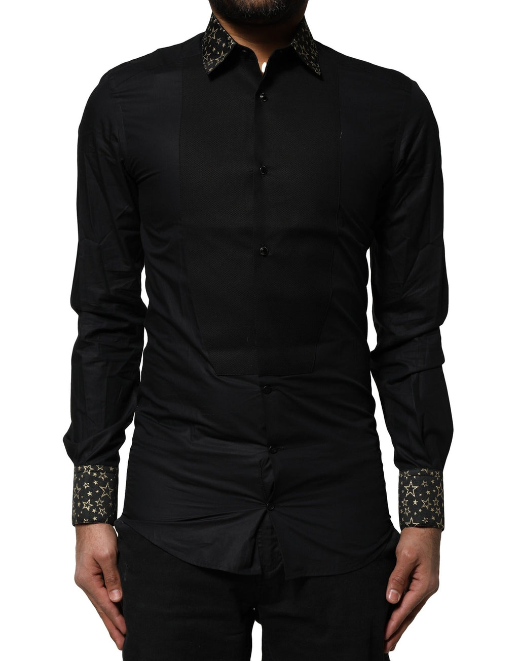 Chemise noire en coton Dolce & Gabbana avec manches longues et détails dorés, élégante et sophistiquée.