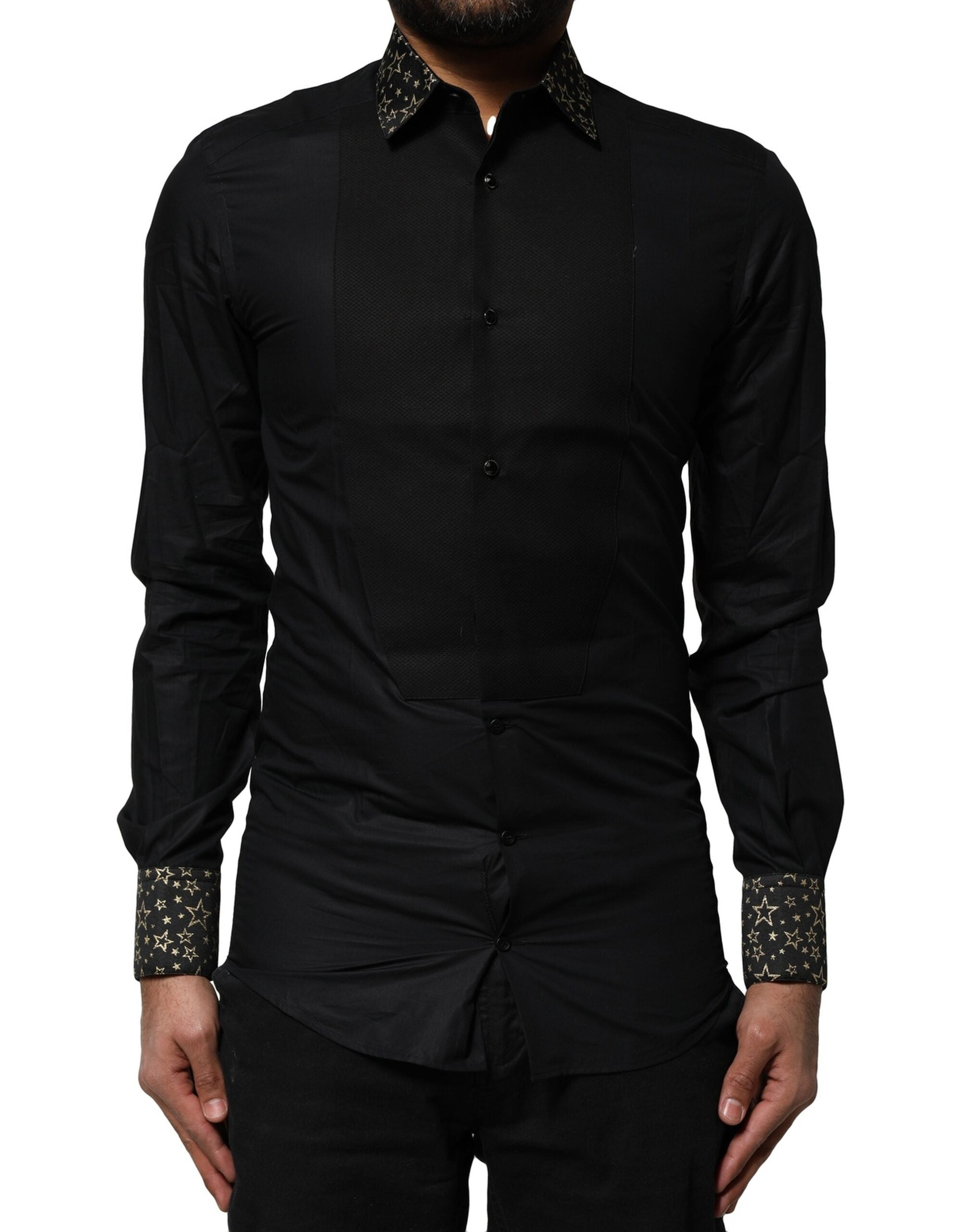 Chemise Dolce & Gabbana en coton noir à manches longues avec détails dorés, élégante chemise de marque de luxe.