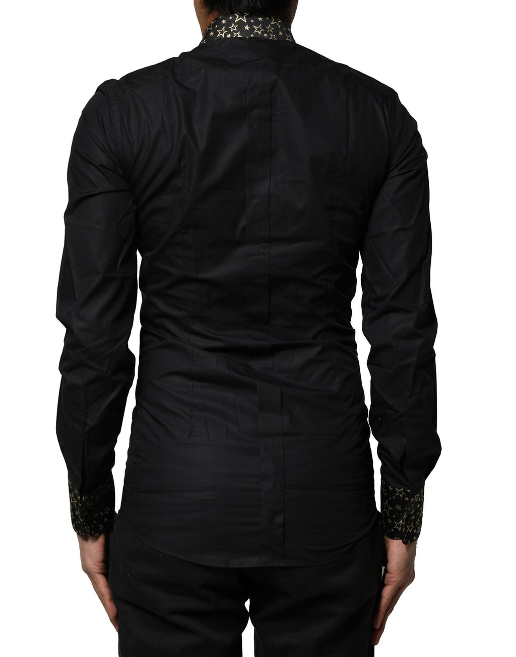 Chemise noire en coton Dolce & Gabbana avec manches longues et détails dorés, élégante pour homme.