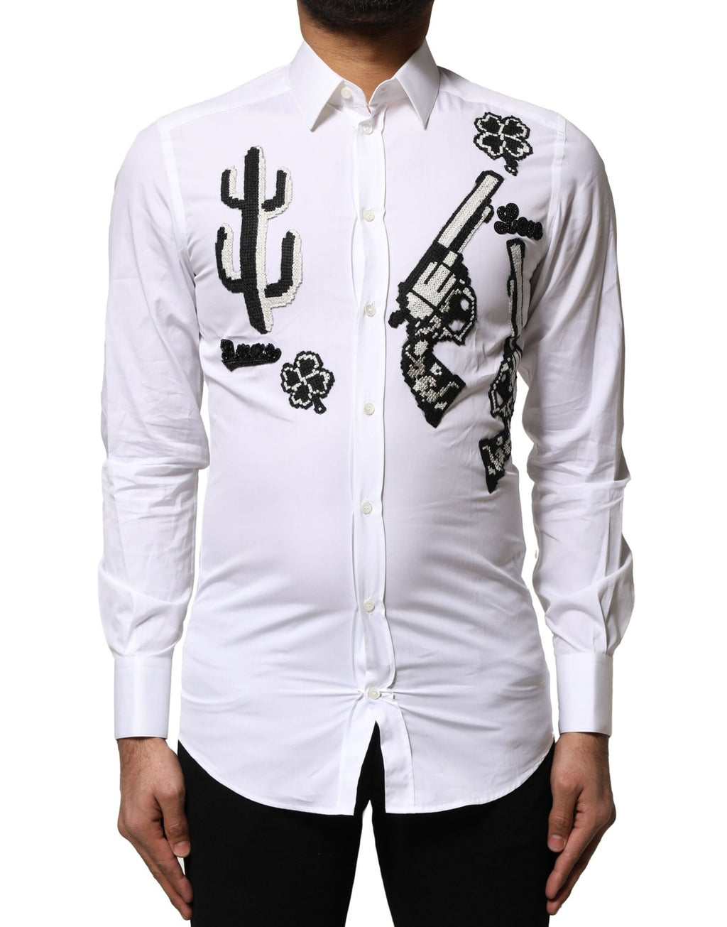 Chemise Dolce & Gabbana blanche avec broderie dorée, détails élégants, en coton, vue de face.