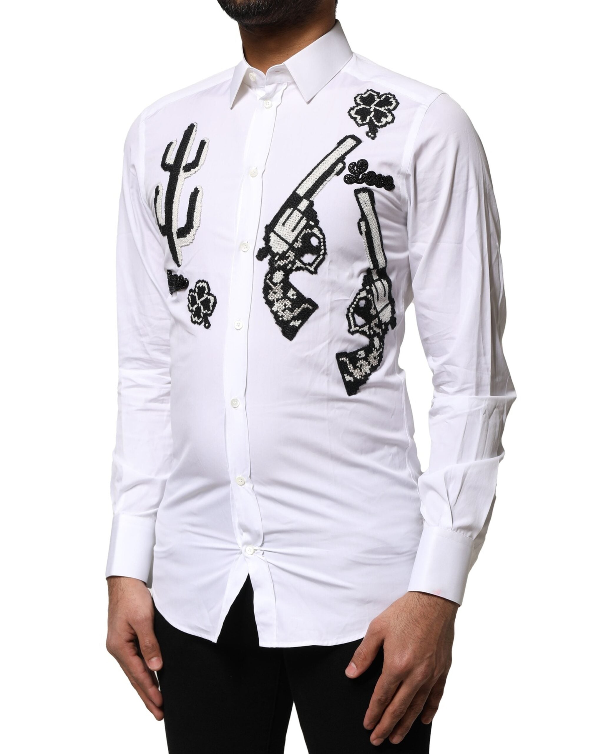 Chemise pour homme Dolce & Gabbana blanche avec broderie dorée, détails élégants et finition raffinée.