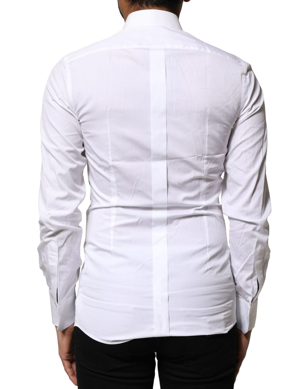 Chemise blanche Dolce & Gabbana avec broderie dorée élégante et détails sophistiqués, design luxueux pour homme.