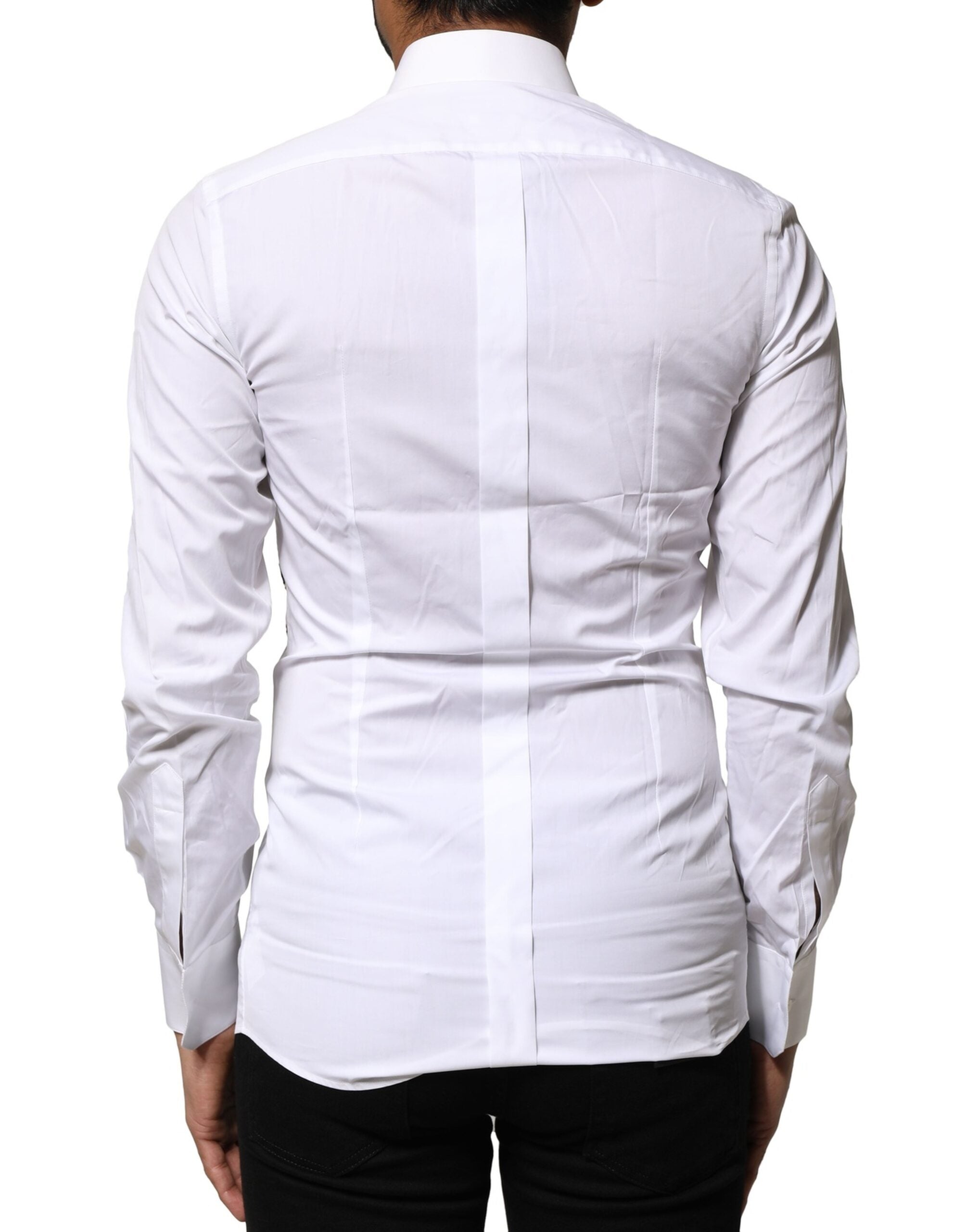 Chemise blanche Dolce & Gabbana avec broderie dorée élégante et détails sophistiqués, design luxueux pour homme.