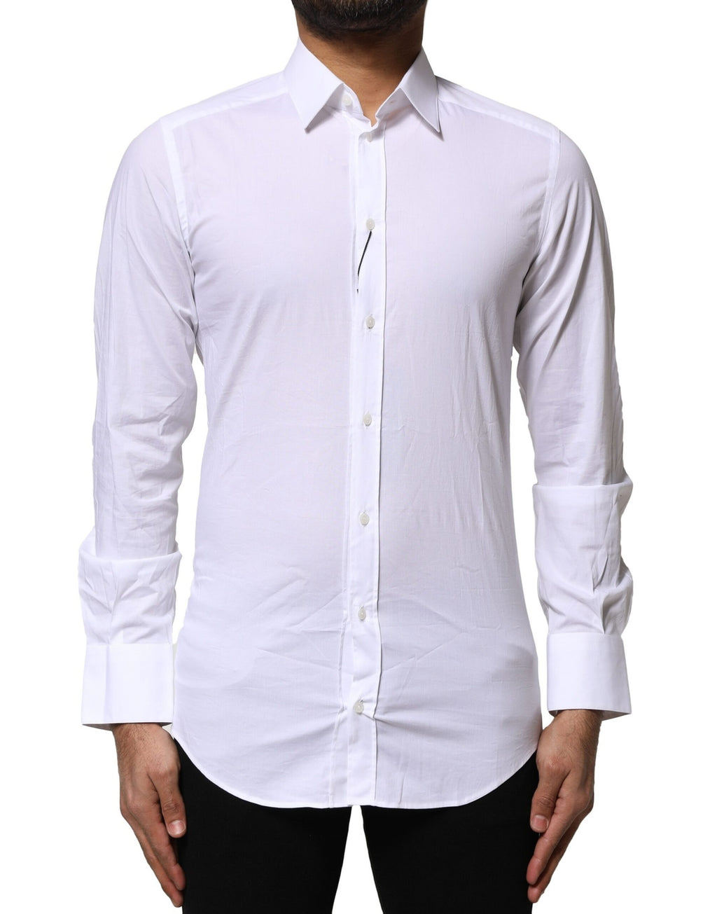 Chemise blanche en coton à manches longues Dolce & Gabbana avec détails dorés, élégante et sophistiquée.