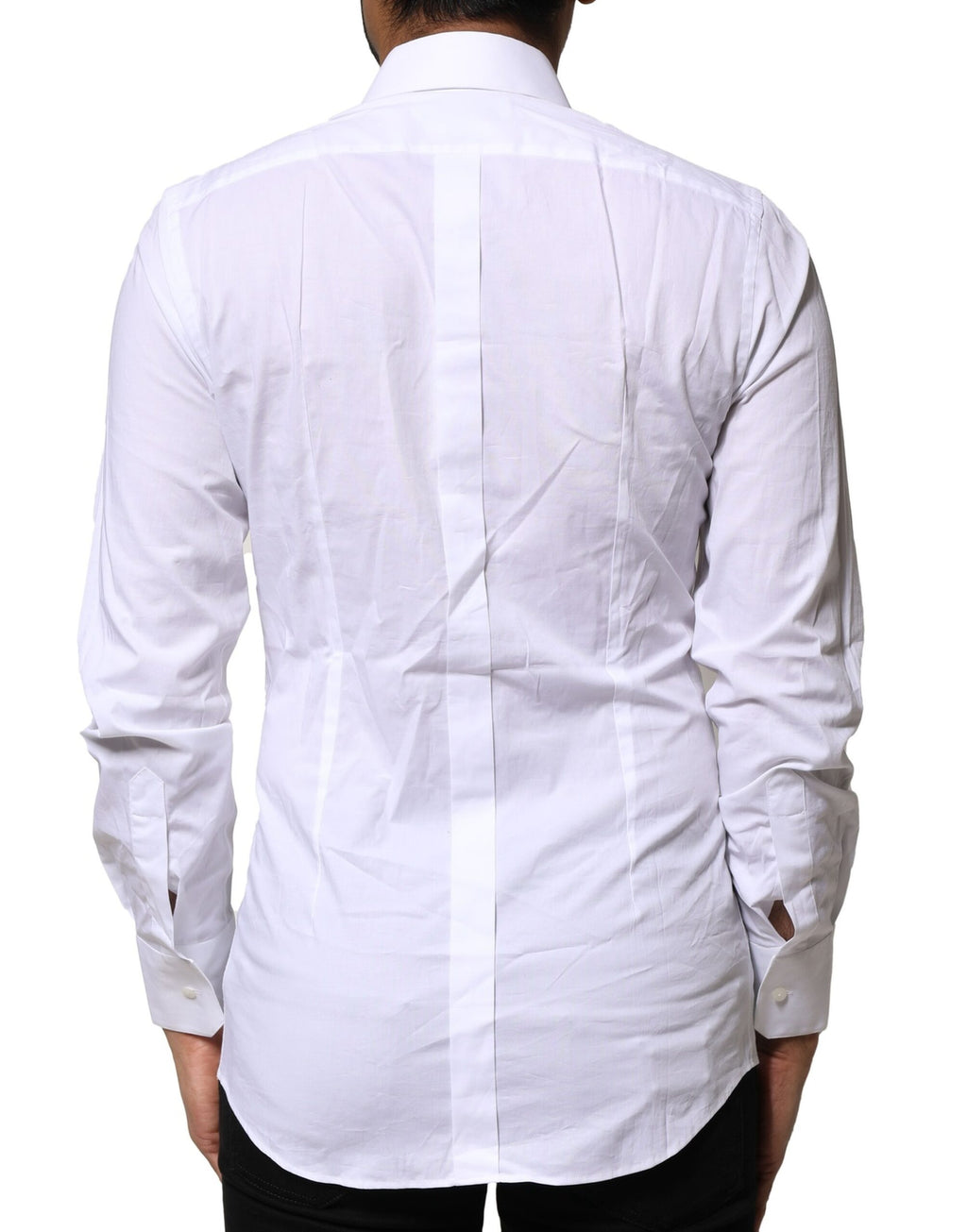 Chemise Dolce & Gabbana en coton blanc à manches longues avec détails dorés, élégante et sophistiquée.