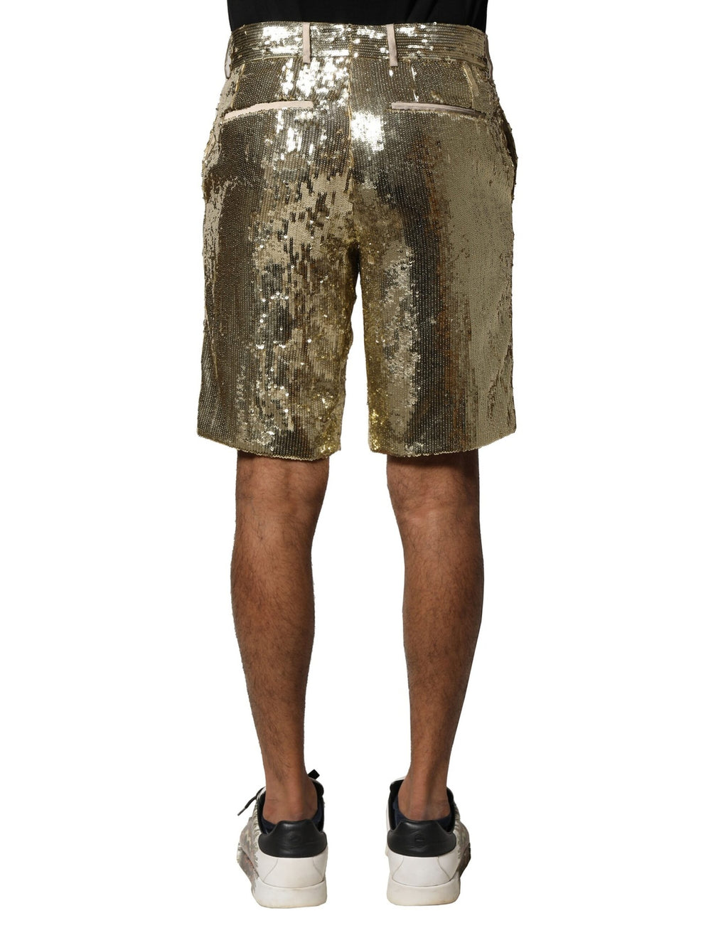 Shorts bermuda en polyester doré à sequins et embellissements de Dolce & Gabbana, style élégant et brillant.