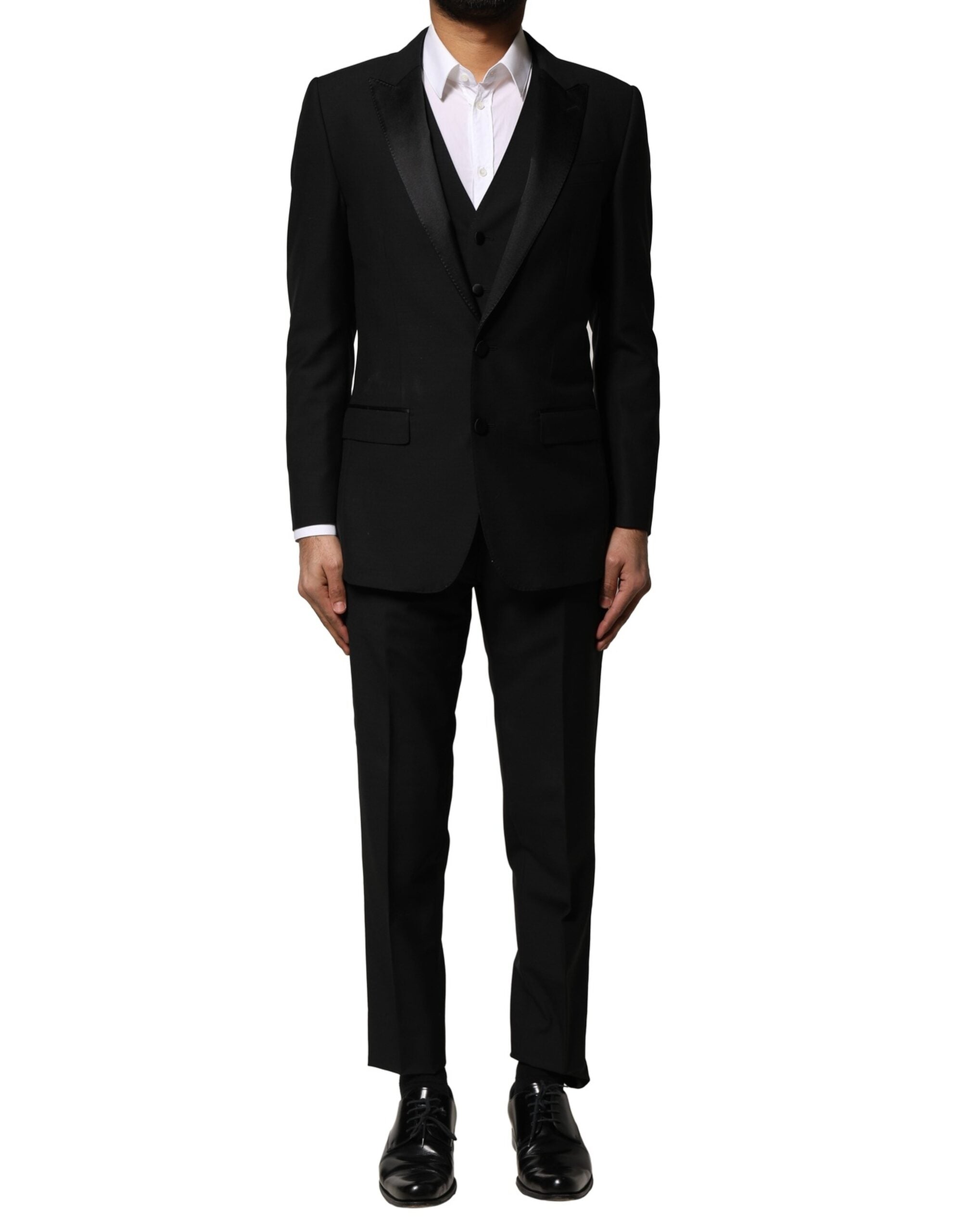 Costume trois pièces en laine noire Dolce & Gabbana, veste à un bouton, pantalon et gilet assortis, élégance classique.