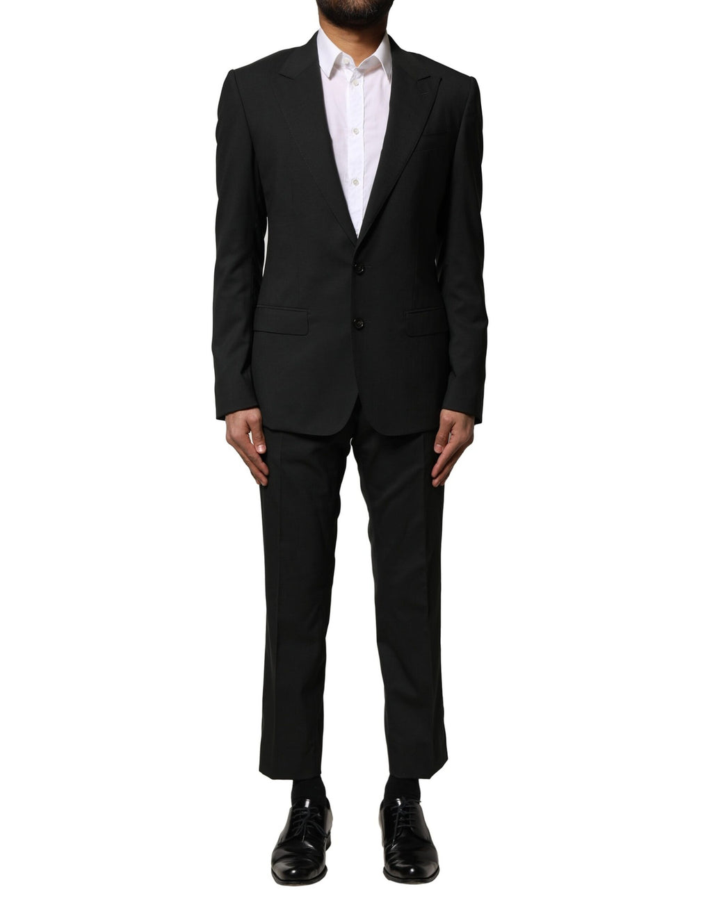 Costume deux pièces en laine noire Dolce & Gabbana, veste à boutons simple boutonnage et pantalon assorti, élégant et classique.