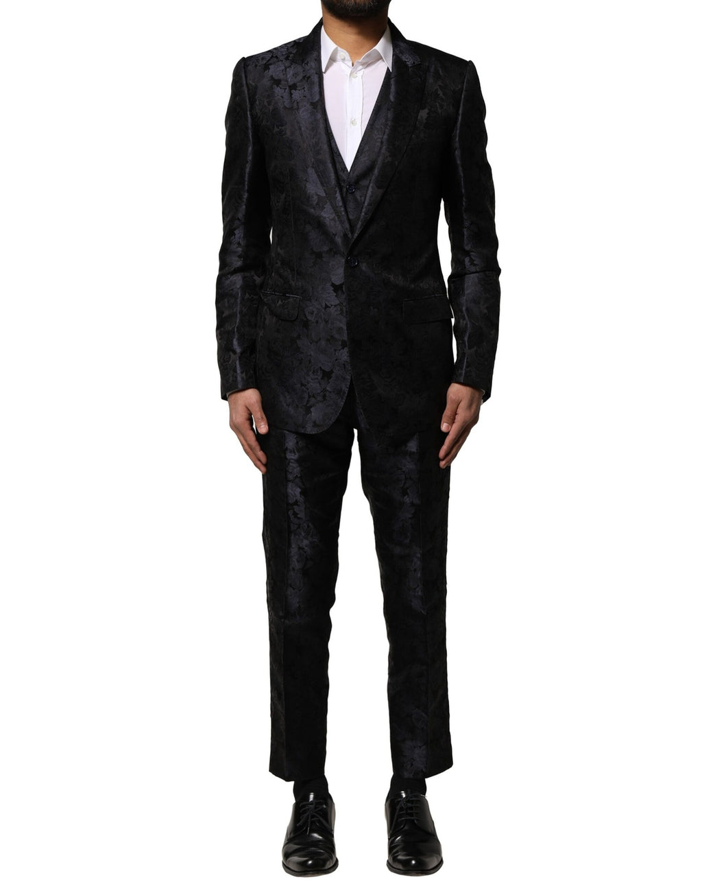 Dolce & Gabbana Dark Gray Black Jacquard 3 Piece Single Breasted Suit
