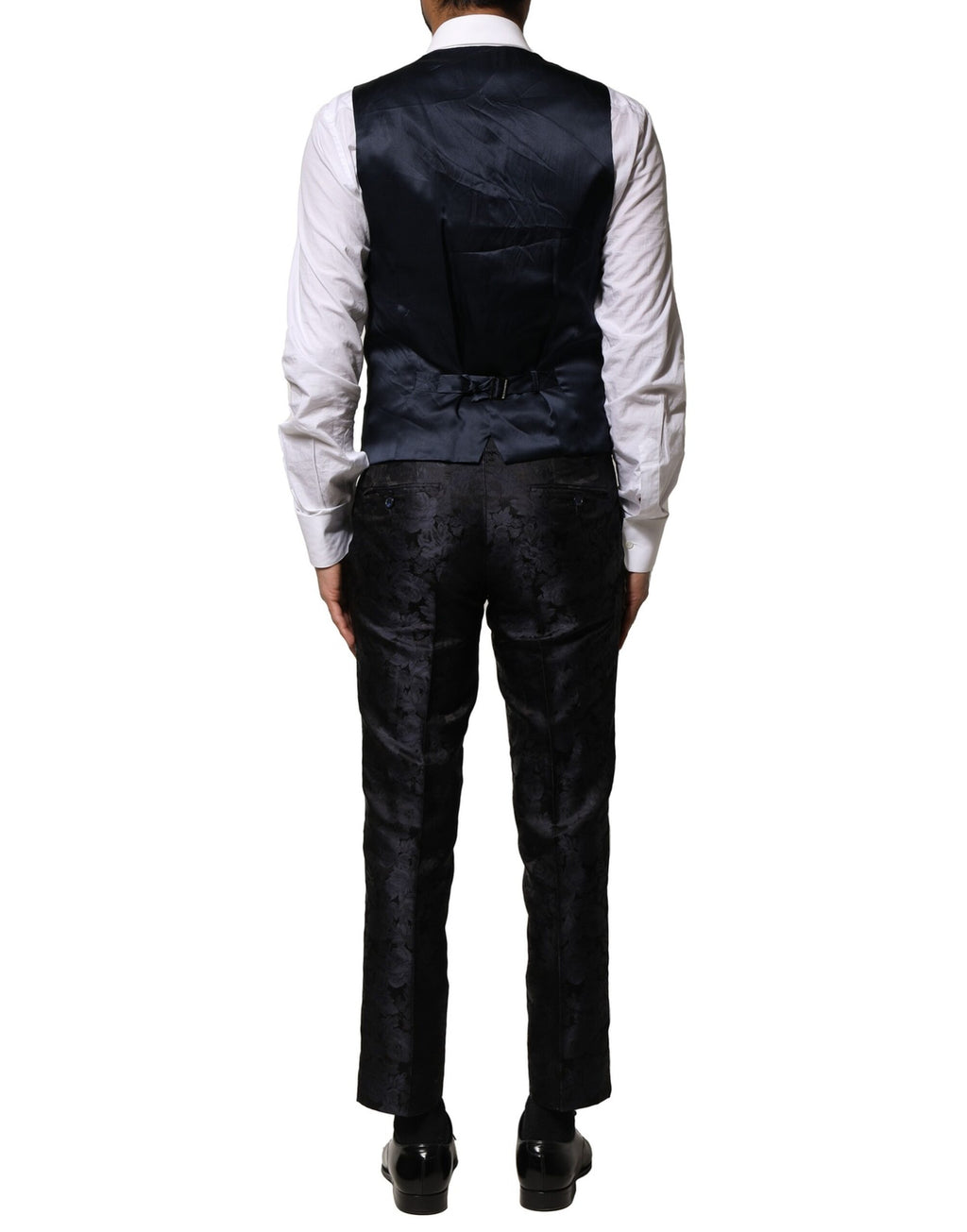 Costume homme en jacquard noir Dolce & Gabbana, 3 pièces, avec veste à un bouton et pantalon assorti, élégant et sophistiqué.