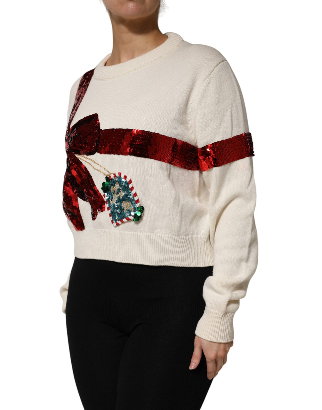 Pull à col rond blanc Dolce & Gabbana en sequins, pull-over élégant avec détails brillants et texture scintillante.