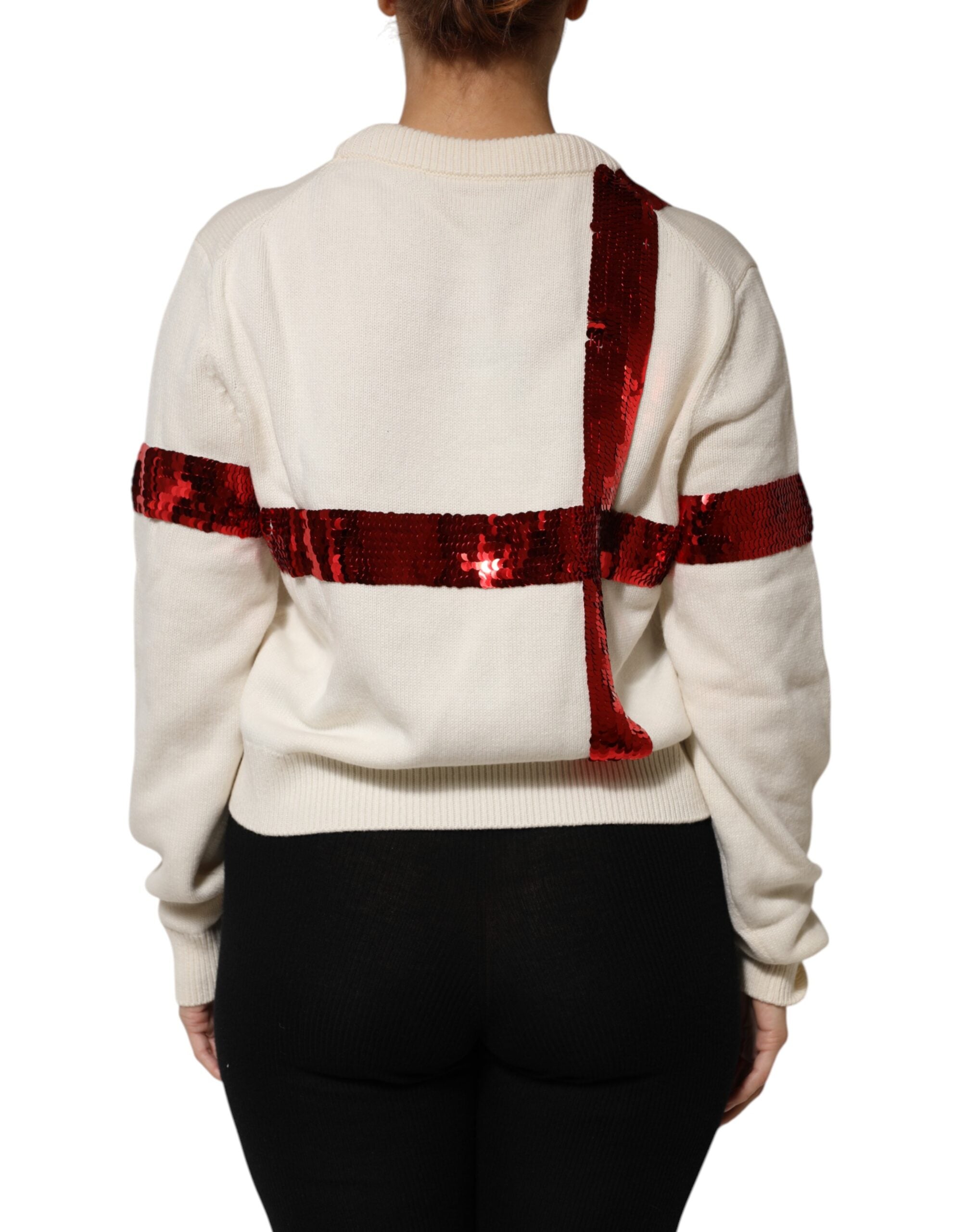 Pull-over blanc Dolce & Gabbana à sequins, col rond, pull en maille élégante et brillant pour femme.