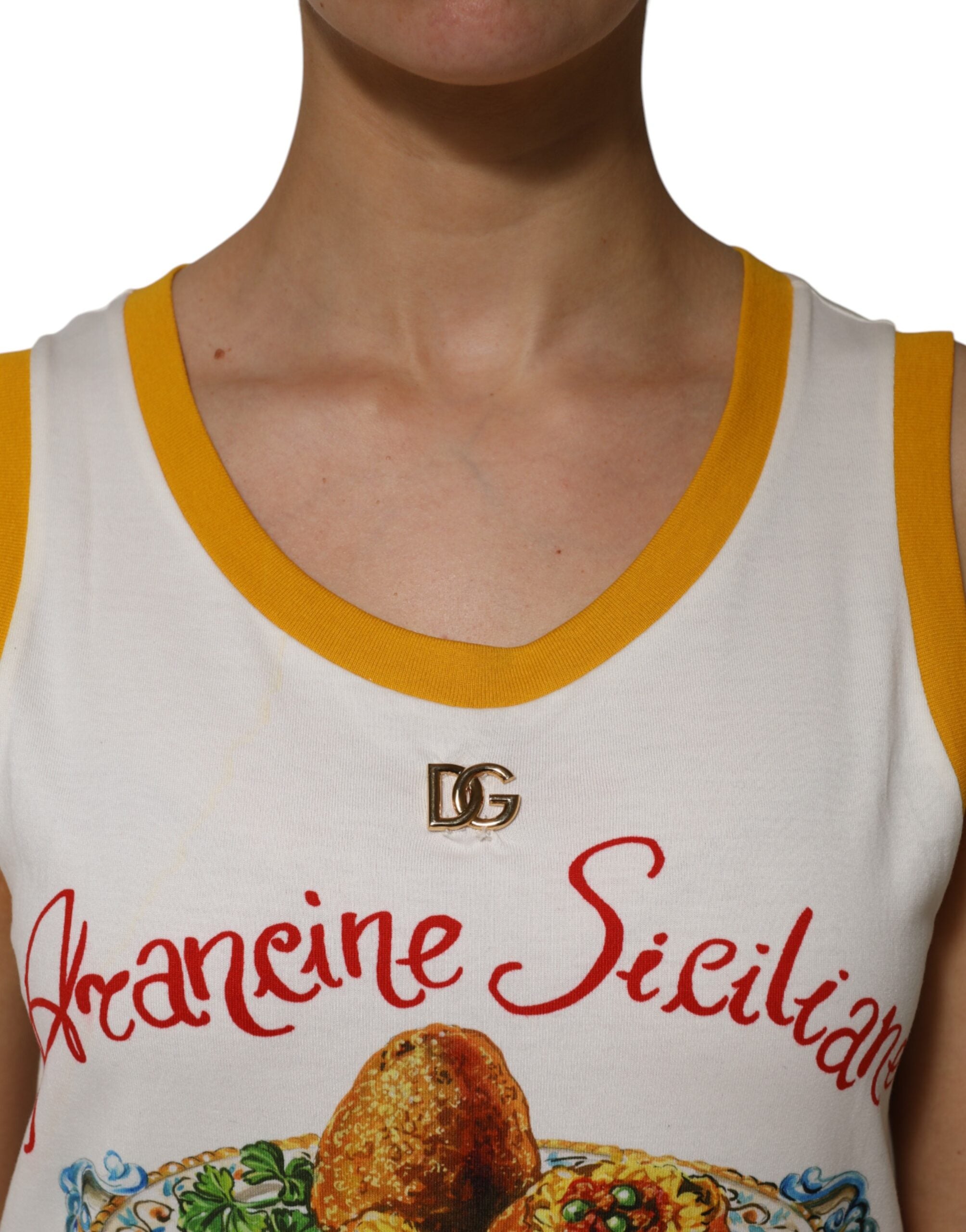 Débardeur sans manches blanc Dolce & Gabbana Araneine Siciliane avec logo et motifs élégants, vue de face.
