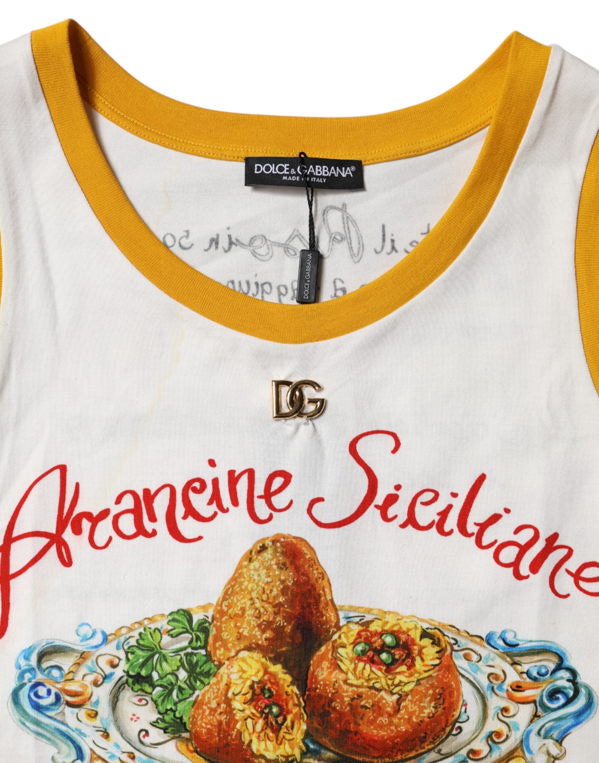 T-shirt sans manches blanc Dolce & Gabbana Araneine Siciliane, style élégant avec logo de la marque visible.