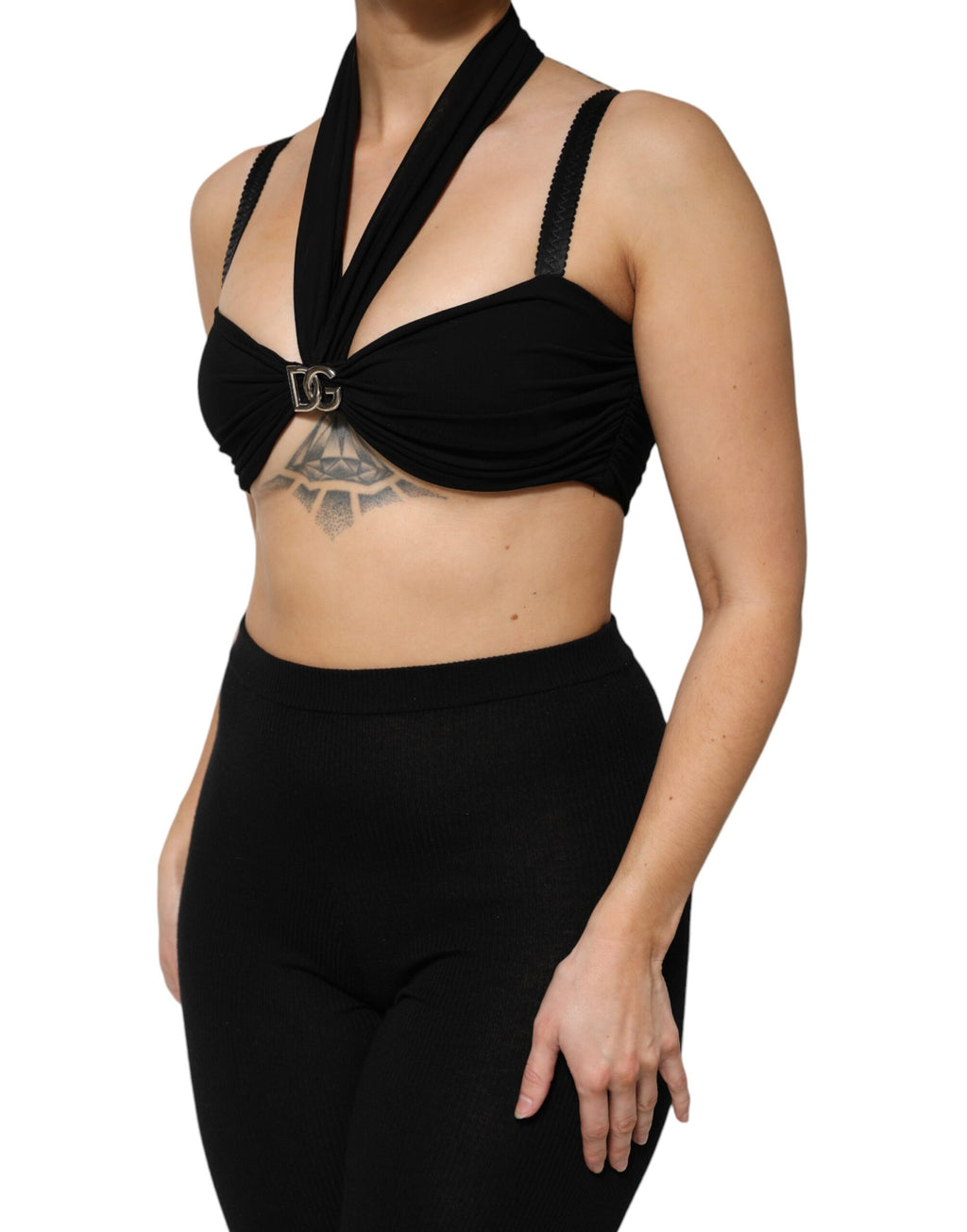 Haut bustier noir Dolce & Gabbana en viscose courte avec col halter, ajusté et élégant.