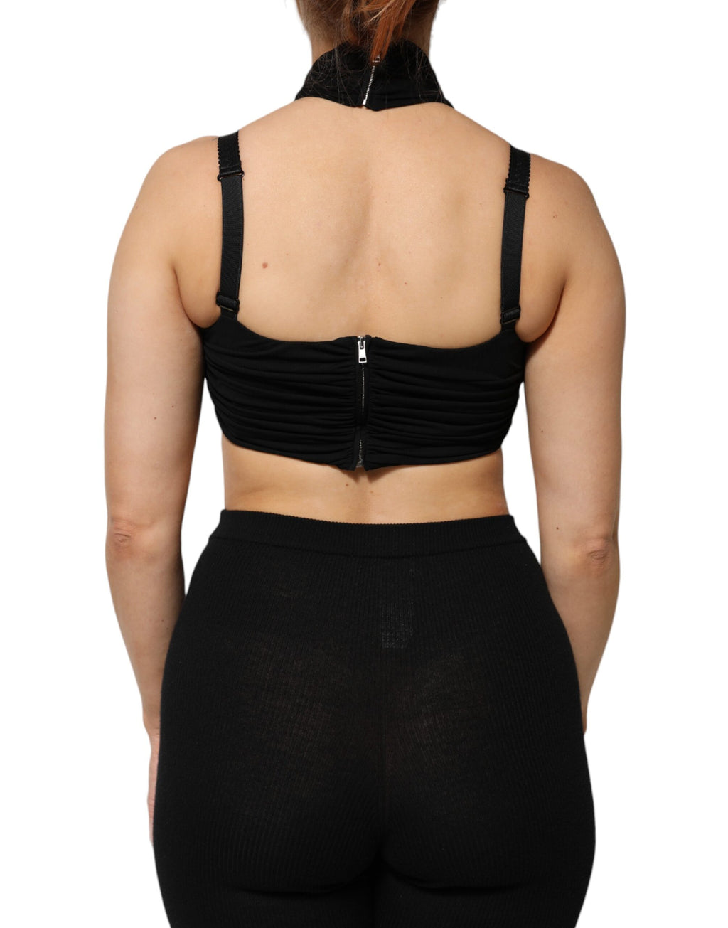 Top bustier court noir en viscose de Dolce & Gabbana, modèle sans manches avec décolleté en halter.