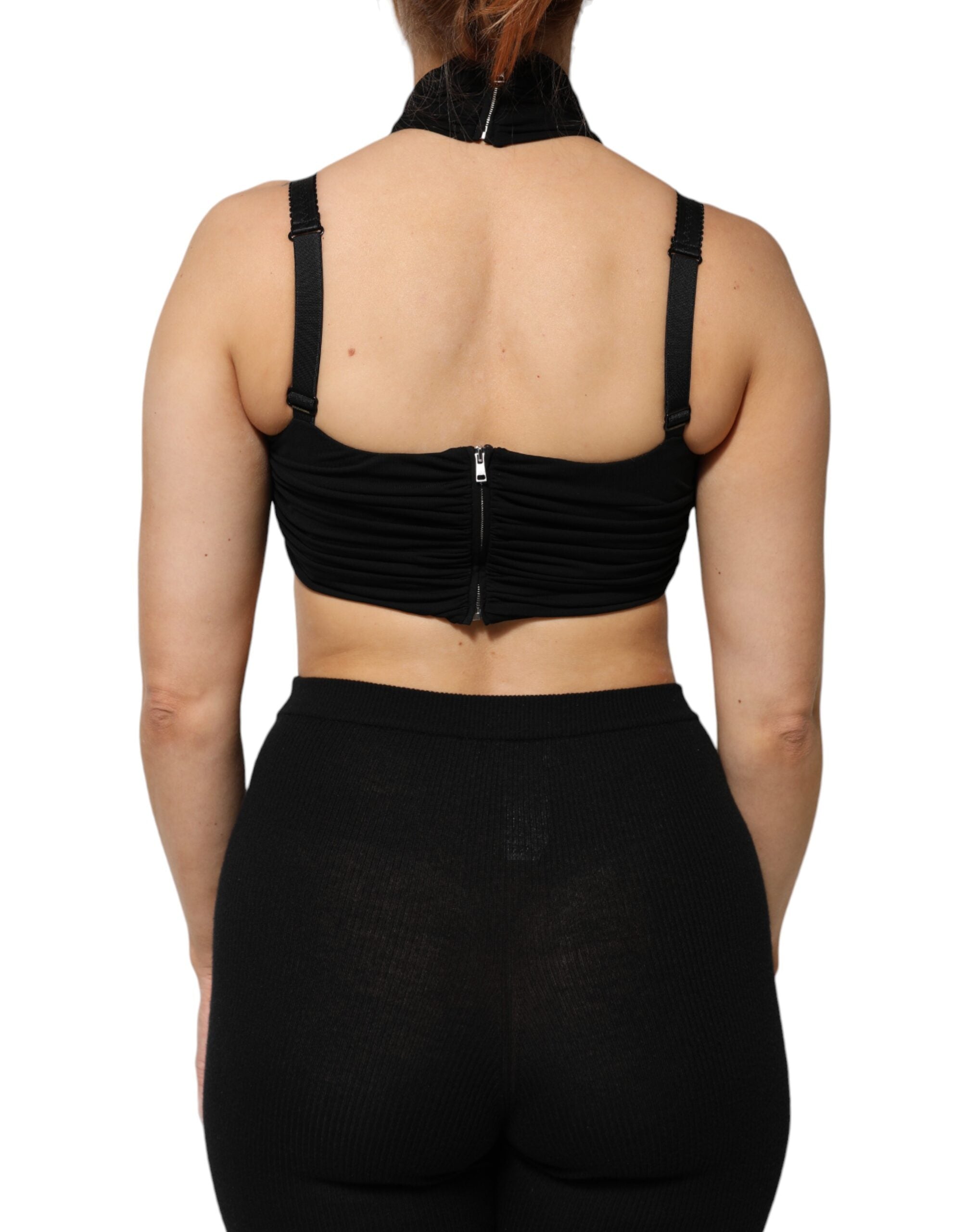 Top bustier court noir en viscose de Dolce & Gabbana, modèle sans manches avec décolleté en halter.